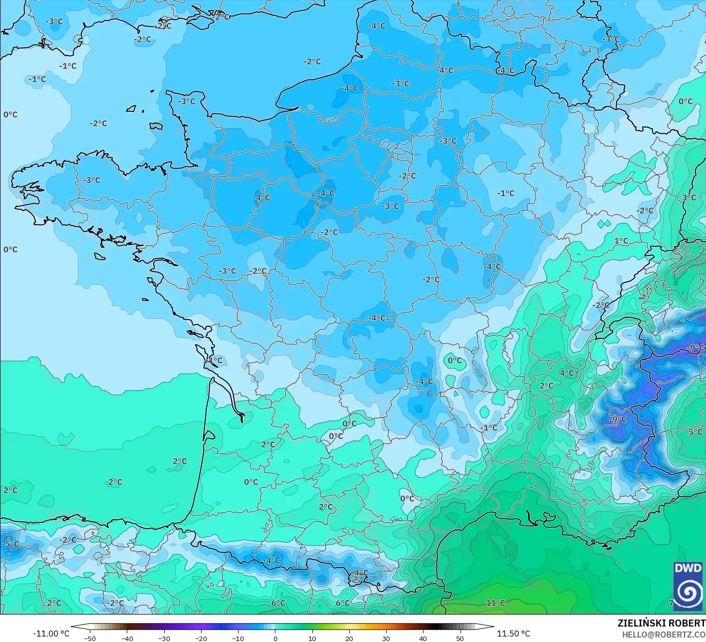 ICON model - Fransa, 850 hPa Sıcaklık