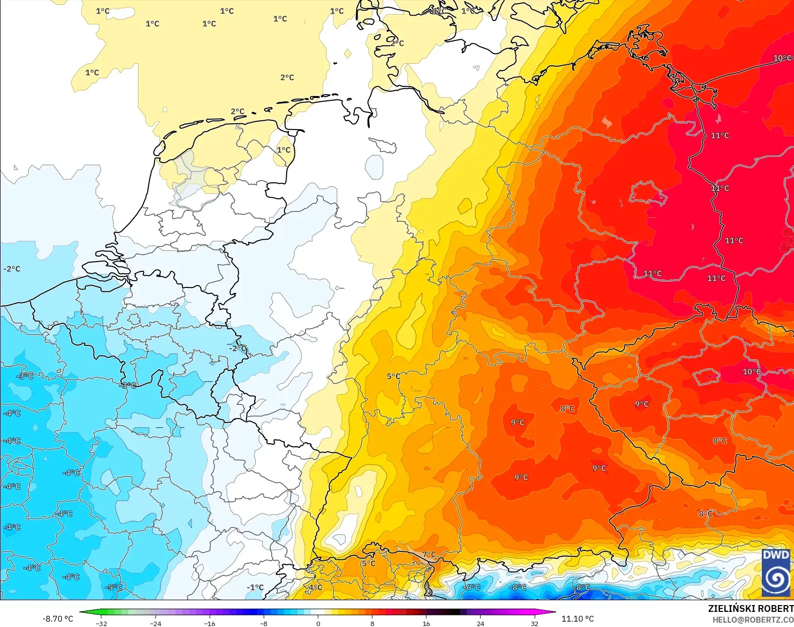 ICON model - Almanya, 850 hPa Sıcaklık Anomalisi