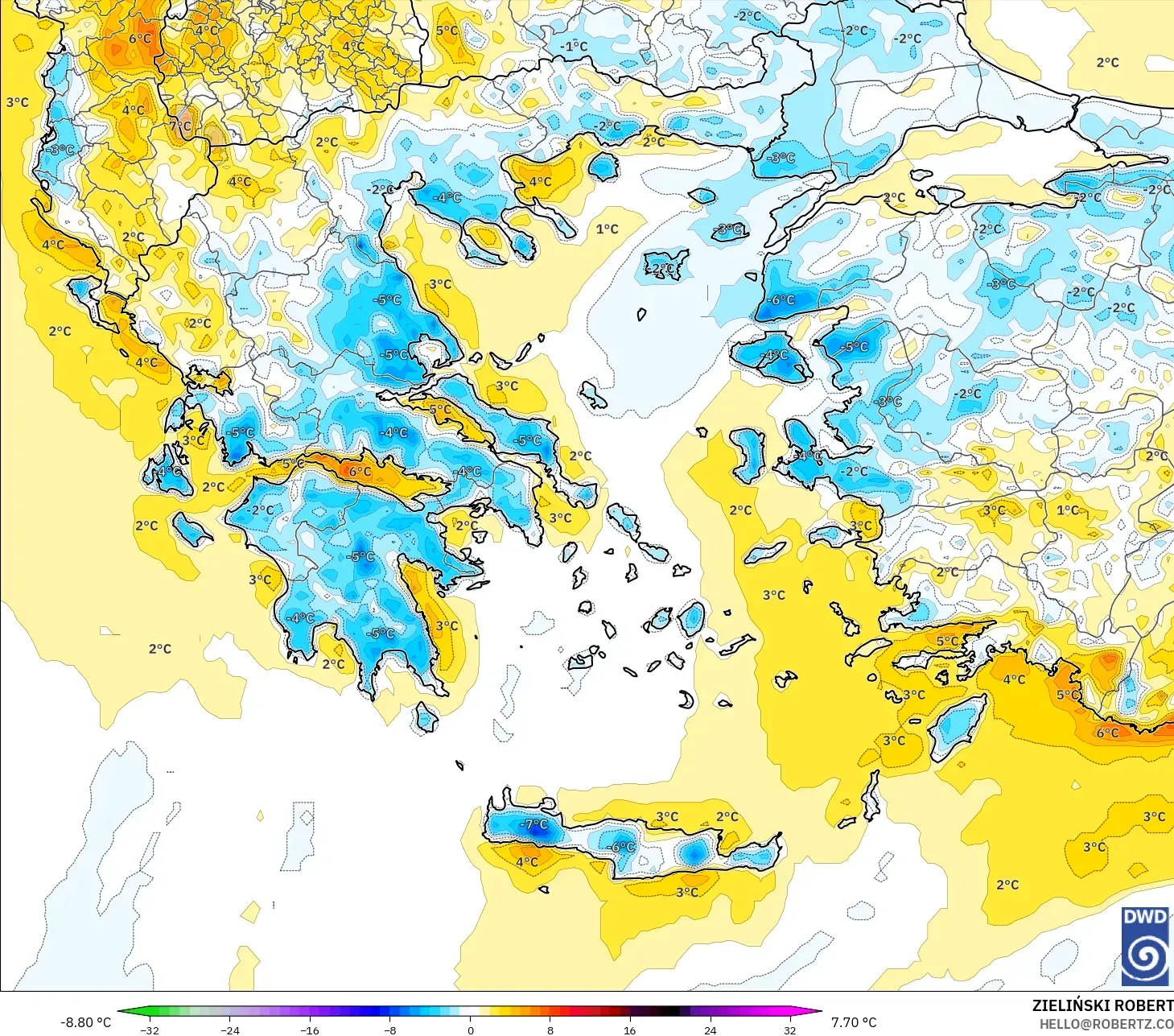 ICON model - Yunanistan, 2 m Sıcaklık Anomalisi