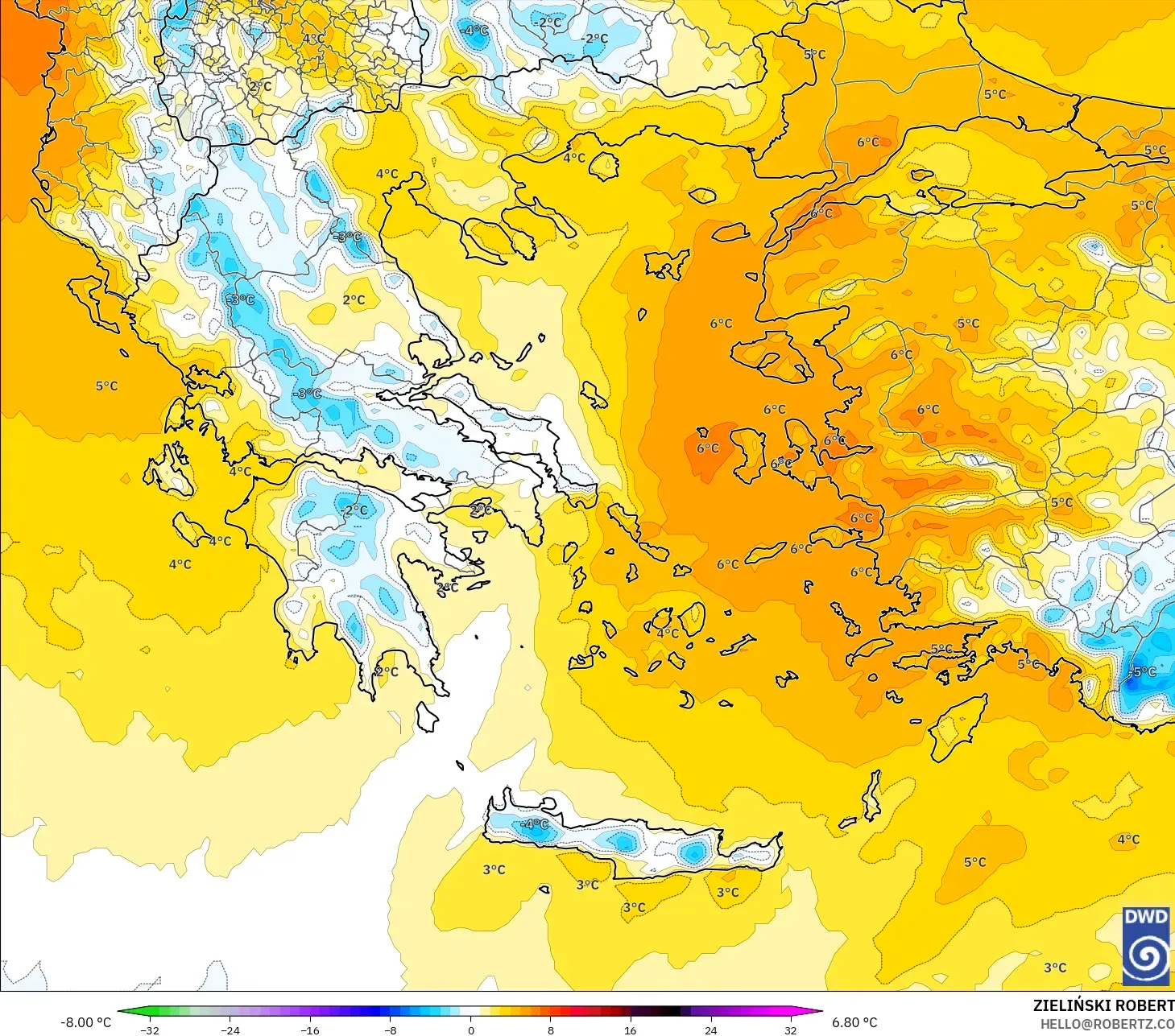 ICON model - Yunanistan, 850 hPa Sıcaklık Anomalisi