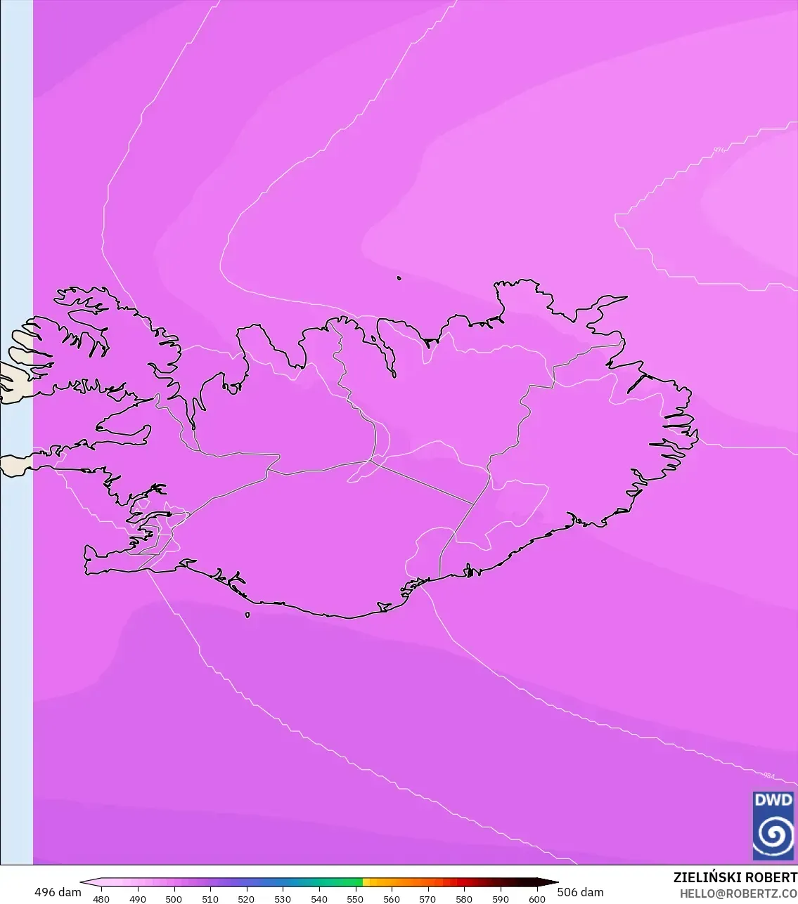 ICON model - İzlanda, 500 hPa’da jeopotansiyel yükseklik