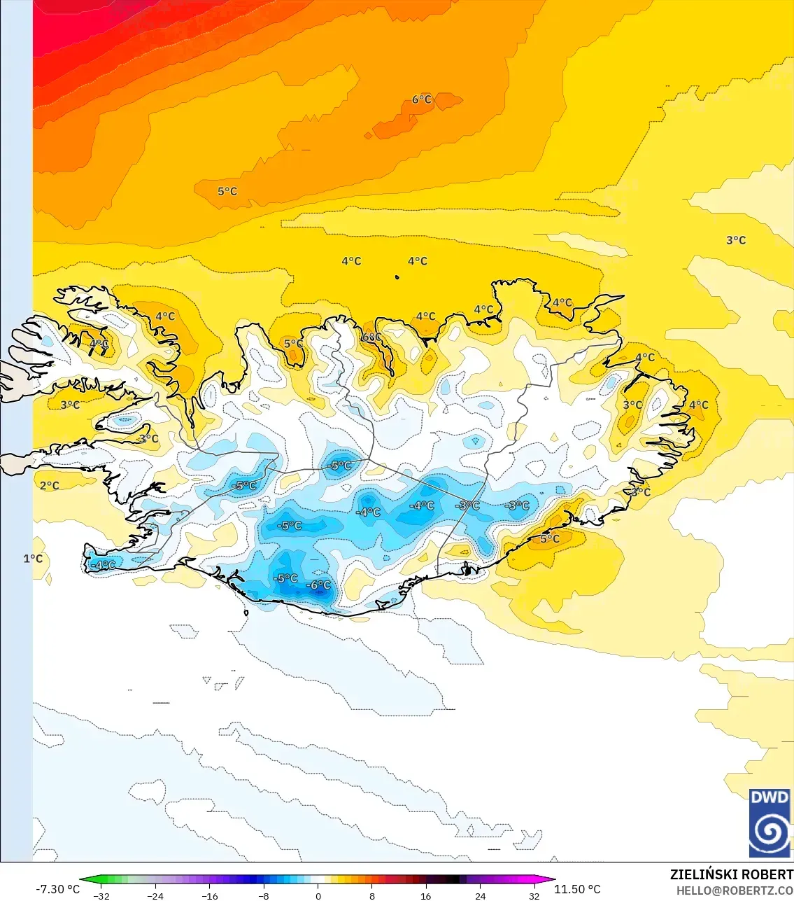 ICON model - İzlanda, 2 m Sıcaklık Anomalisi
