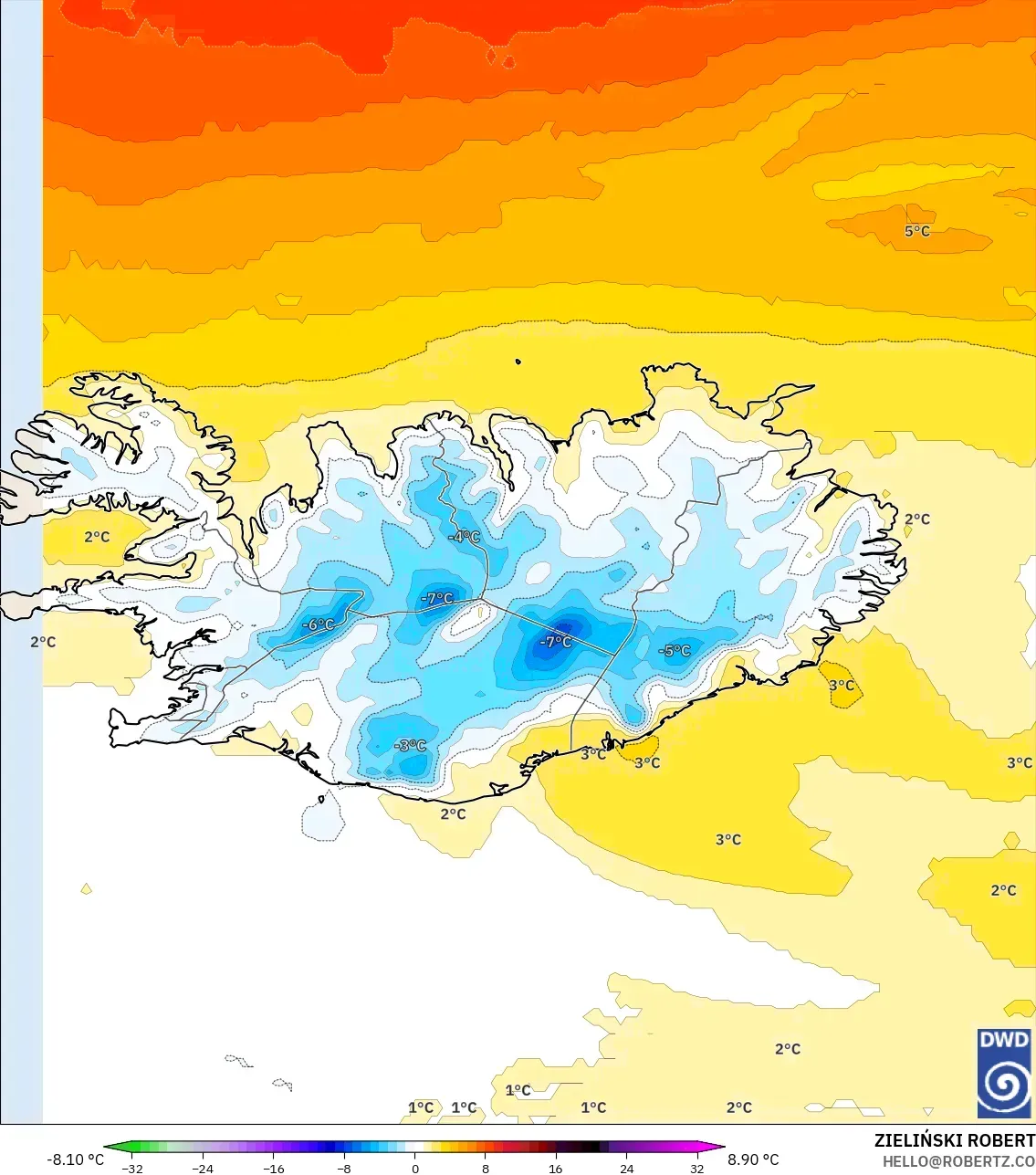 ICON model - İzlanda, 850 hPa Sıcaklık Anomalisi