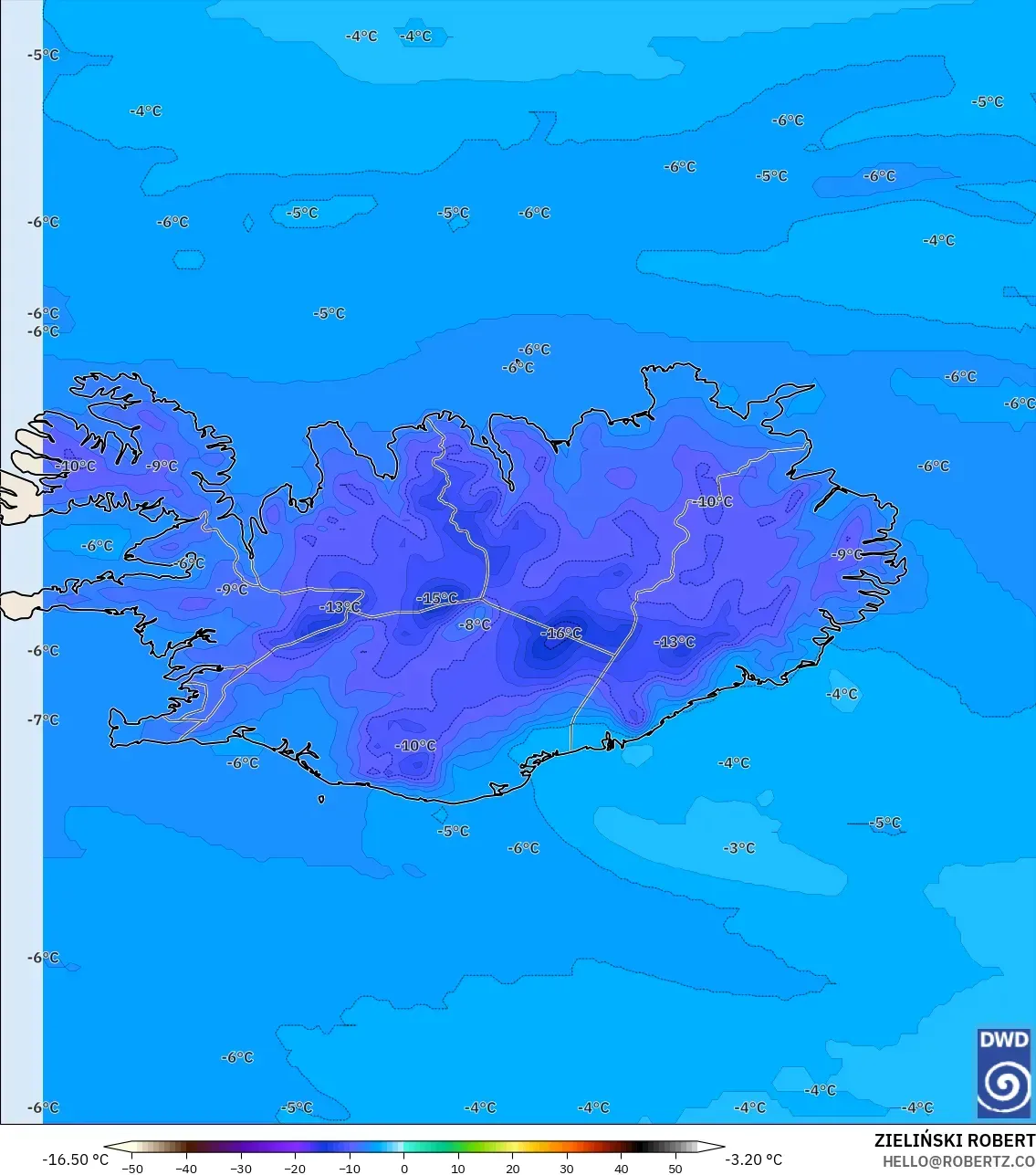 ICON model - İzlanda, 850 hPa Sıcaklık