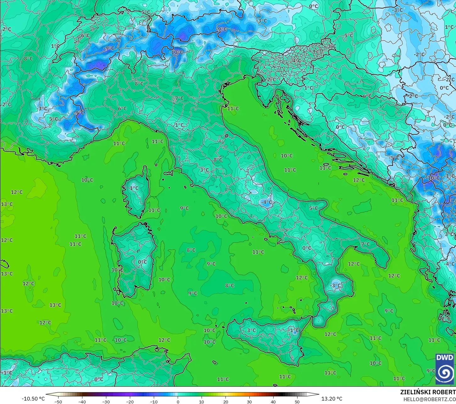 ICON model - İtalya, 2 m Çiy Noktası