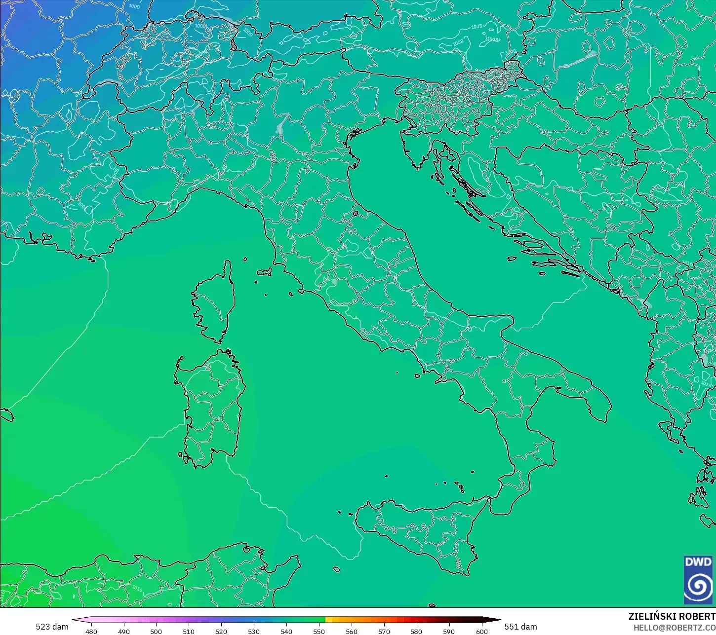 ICON model - İtalya, 500 hPa’da jeopotansiyel yükseklik