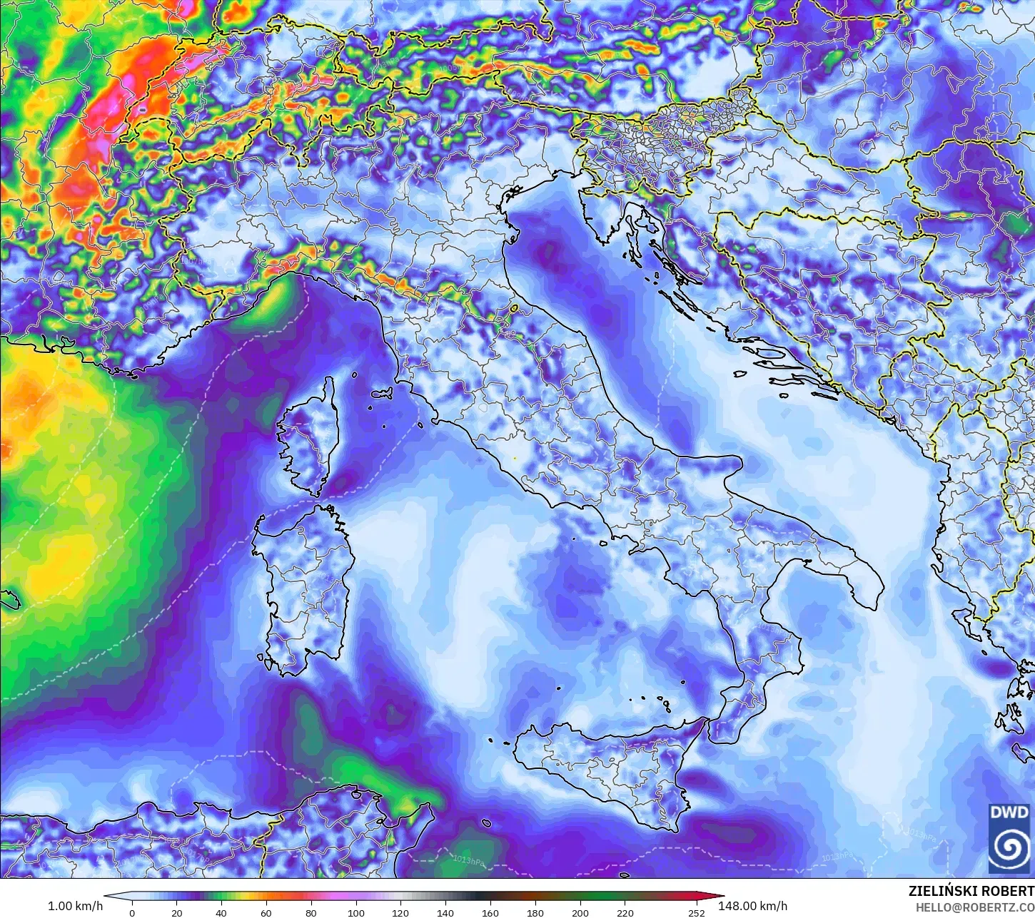ICON model - İtalya, En Yüksek Rüzgâr