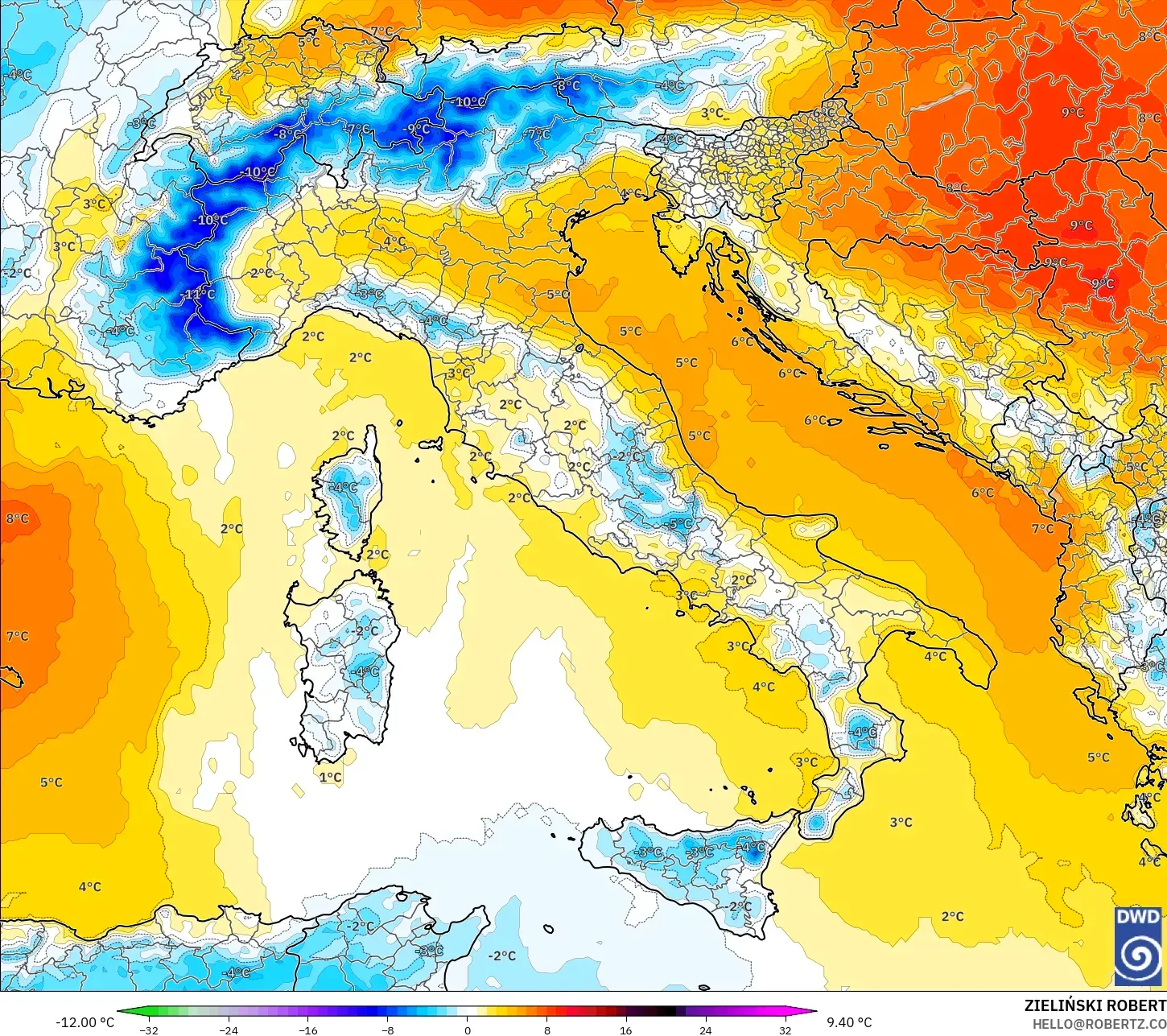 ICON model - İtalya, 850 hPa Sıcaklık Anomalisi