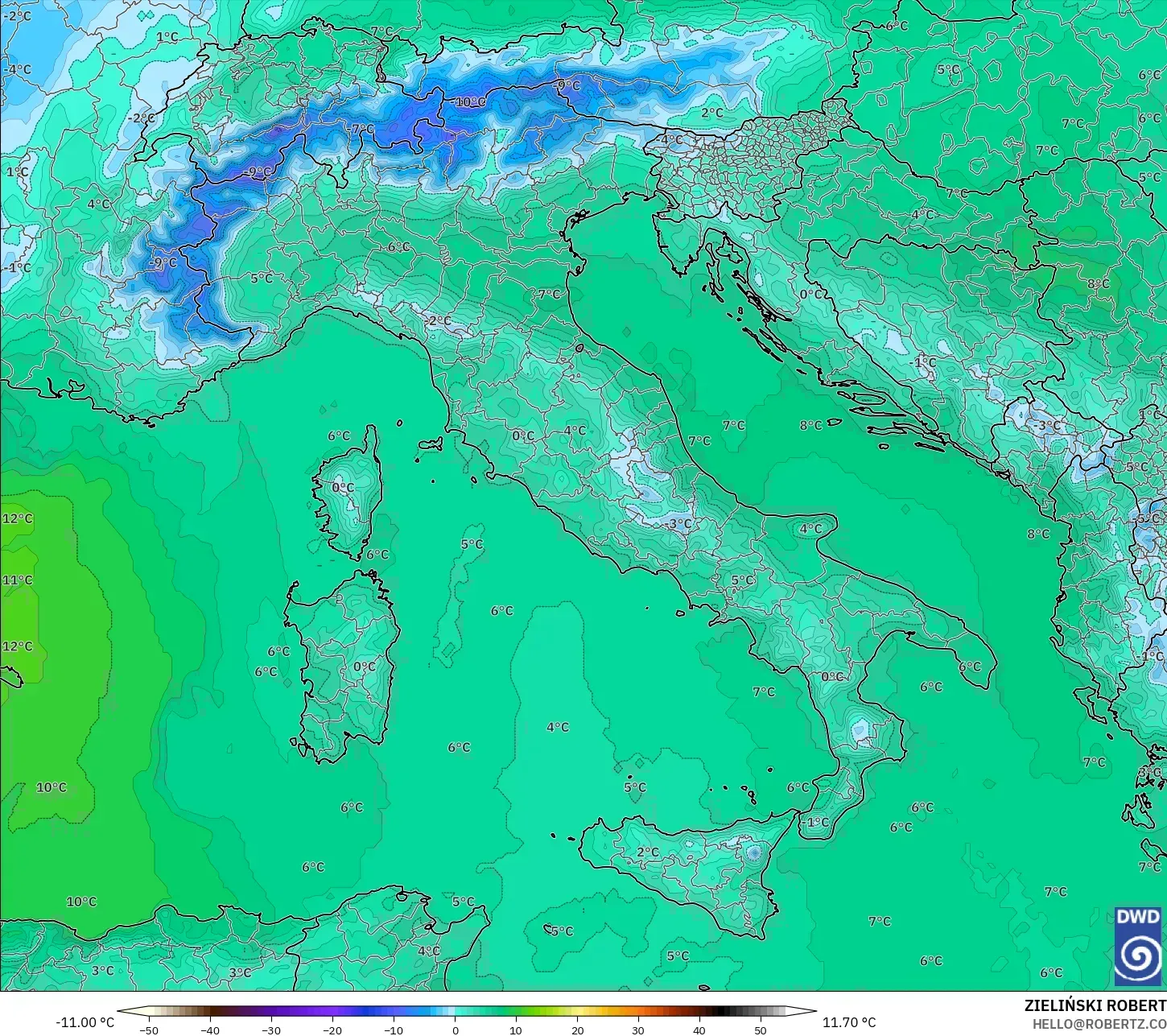 ICON model - İtalya, 850 hPa Sıcaklık