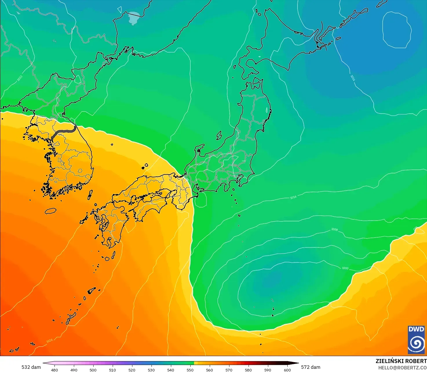 ICON model - Japonya, 500 hPa’da jeopotansiyel yükseklik