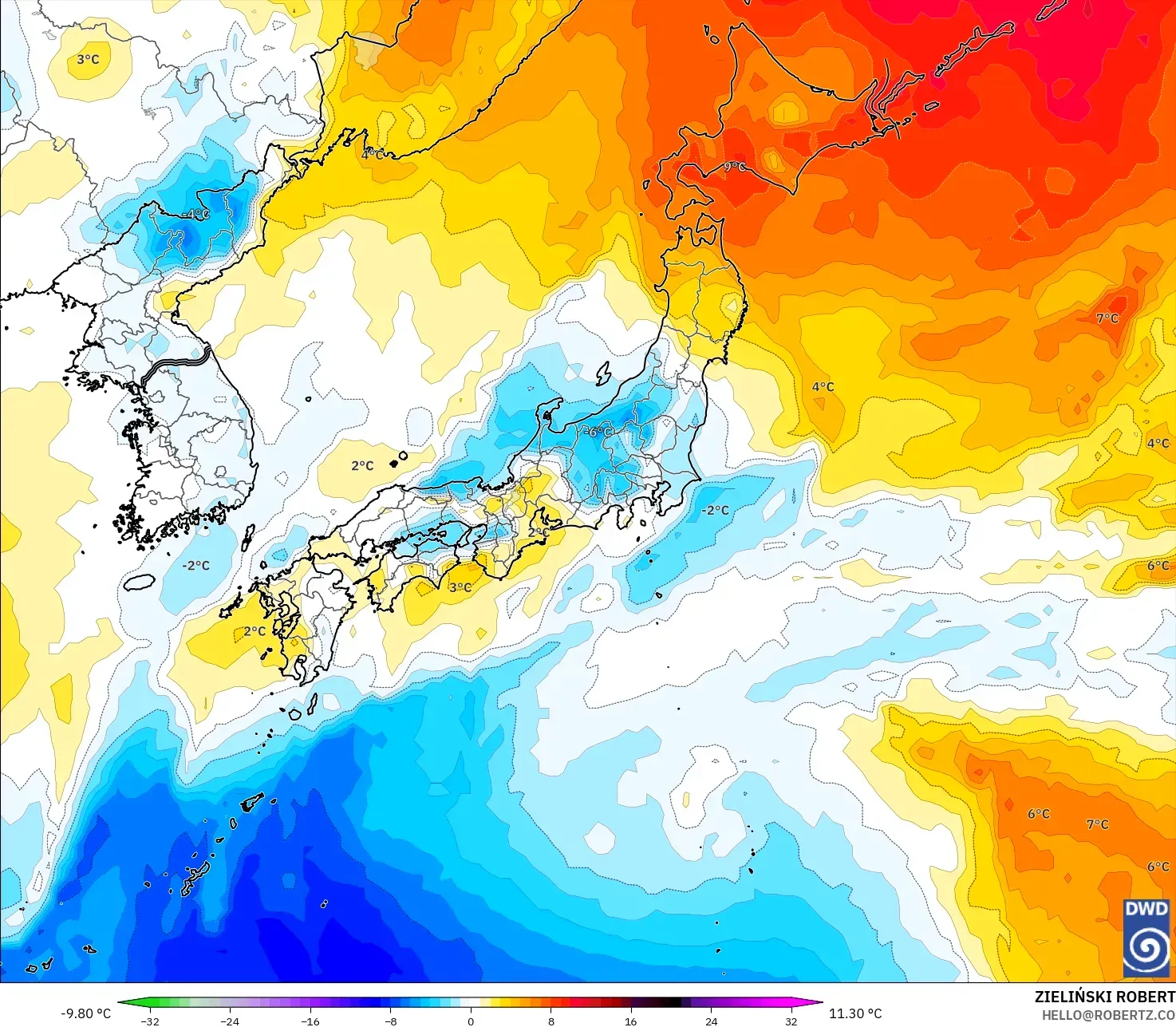 ICON model - Japonya, 850 hPa Sıcaklık Anomalisi