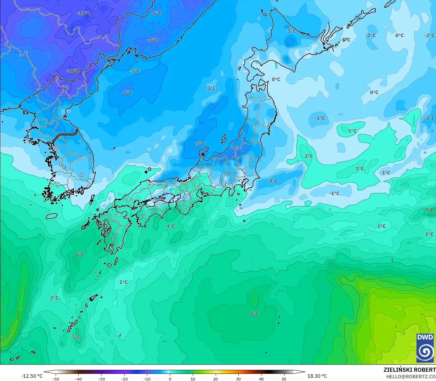 ICON model - Japonya, 850 hPa Sıcaklık
