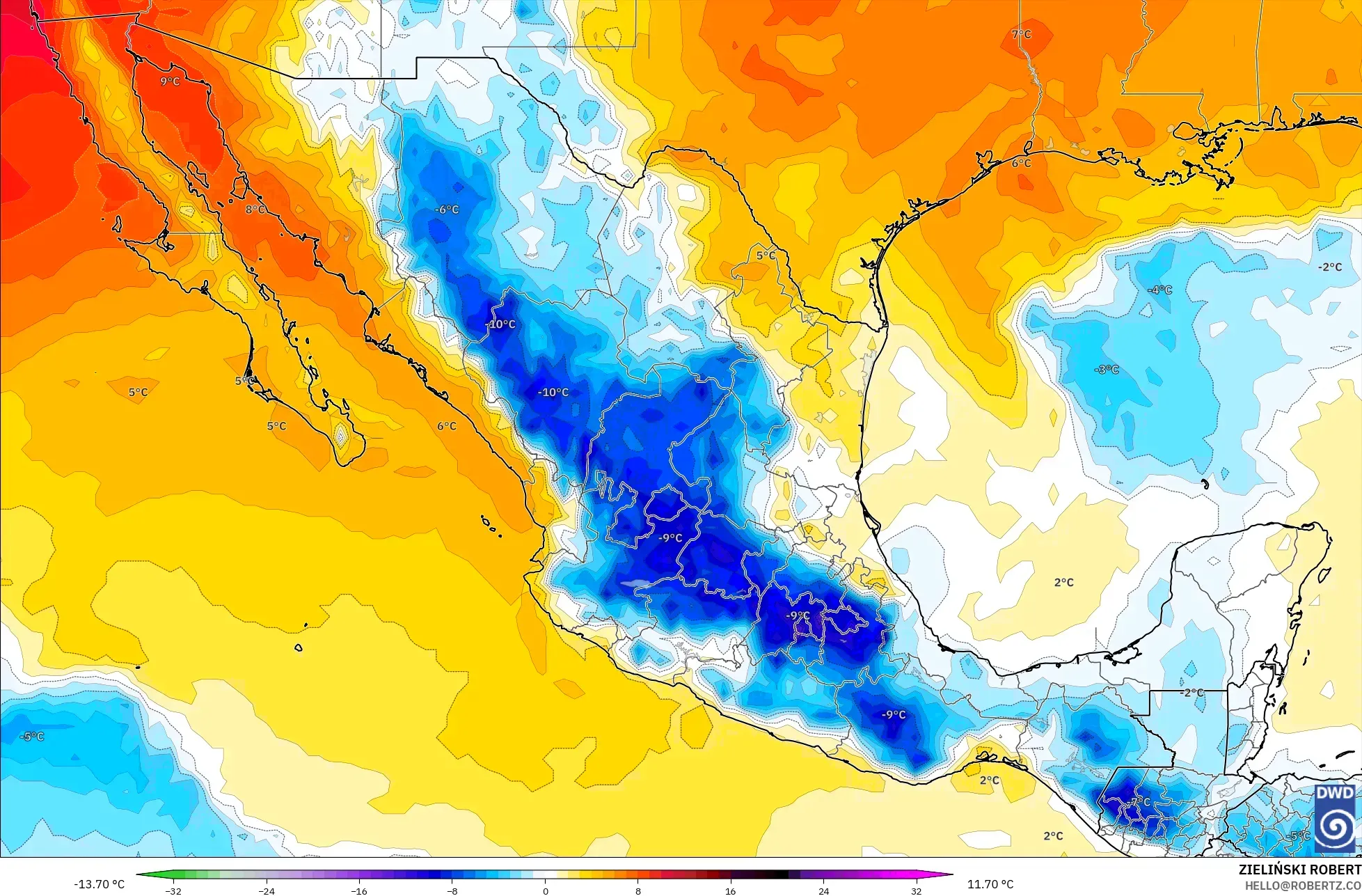 ICON model - Meksika, 850 hPa Sıcaklık Anomalisi