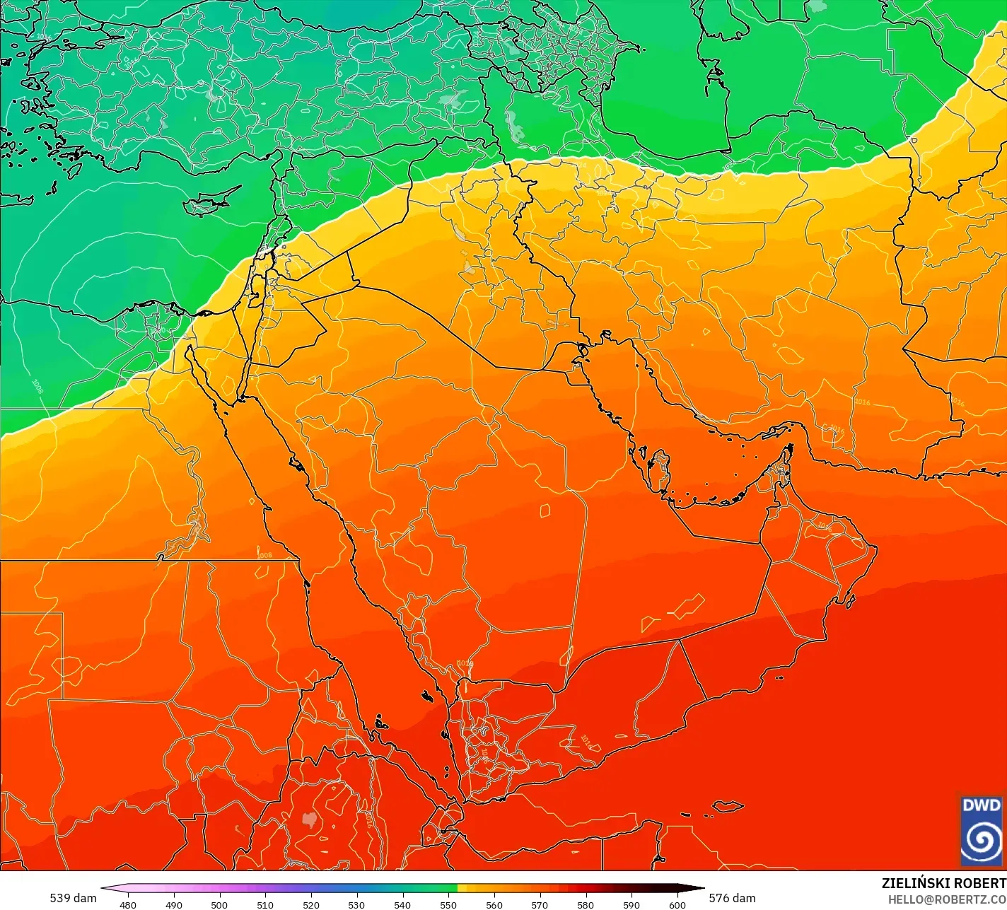 ICON model - Orta Doğu, 500 hPa’da jeopotansiyel yükseklik