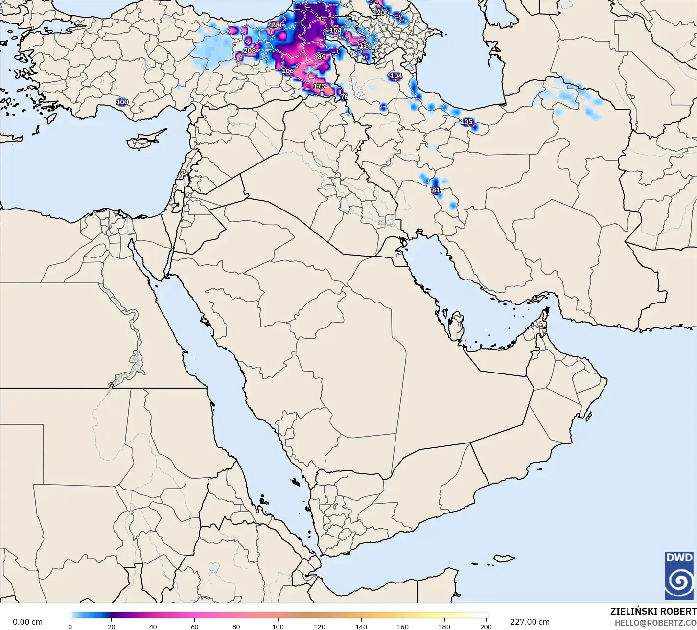 ICON model - Orta Doğu, Kar Kalınlığı