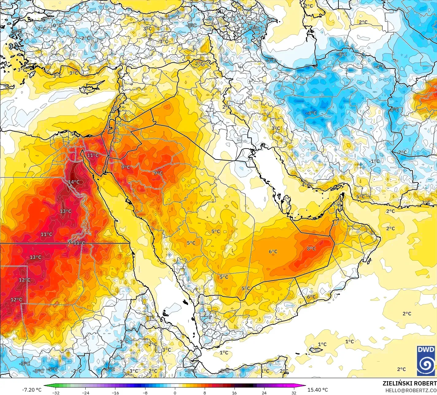 ICON model - Orta Doğu, 2 m Sıcaklık Anomalisi