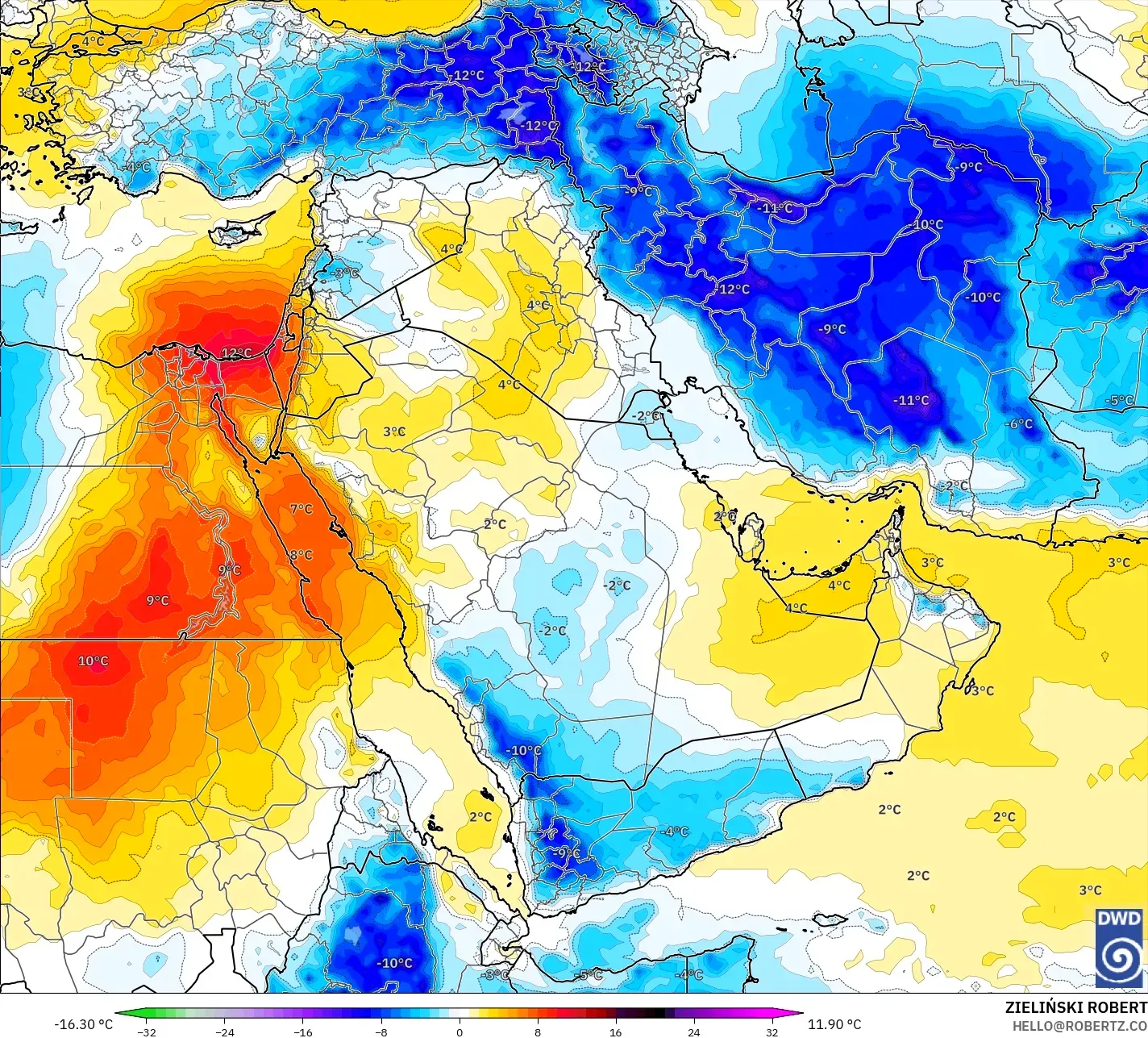 ICON model - Orta Doğu, 850 hPa Sıcaklık Anomalisi