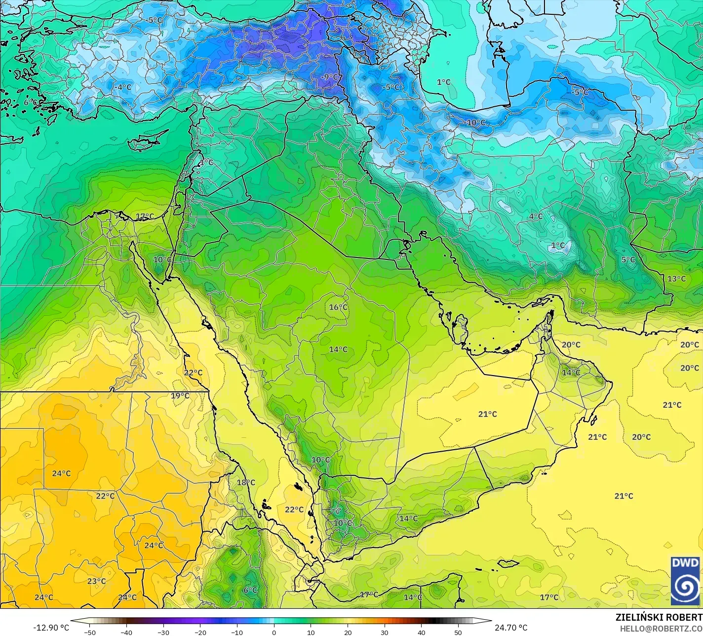 ICON model - Orta Doğu, 850 hPa Sıcaklık