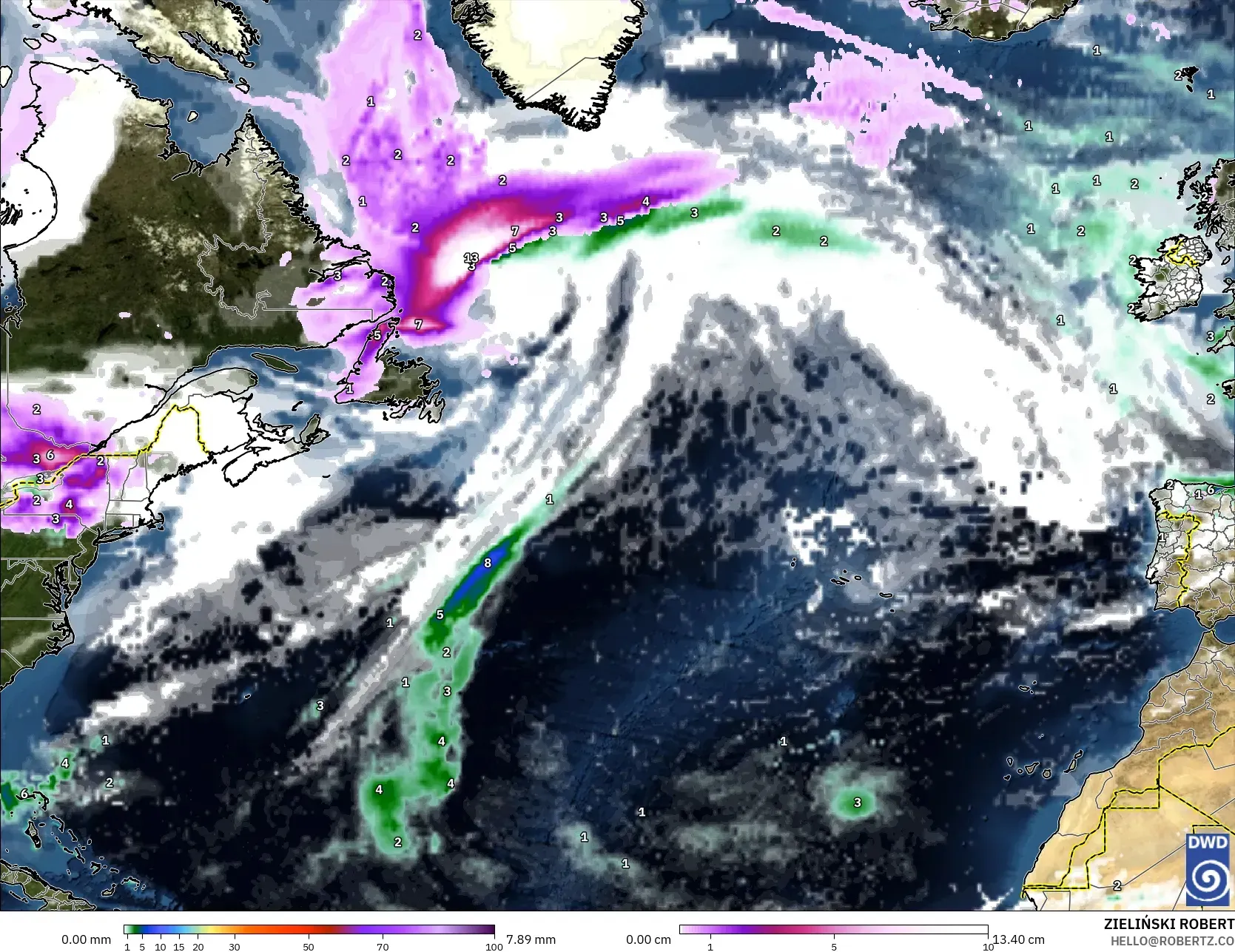 ICON model - Kuzey Atlantik, Yağış, Bulut ve Basınç