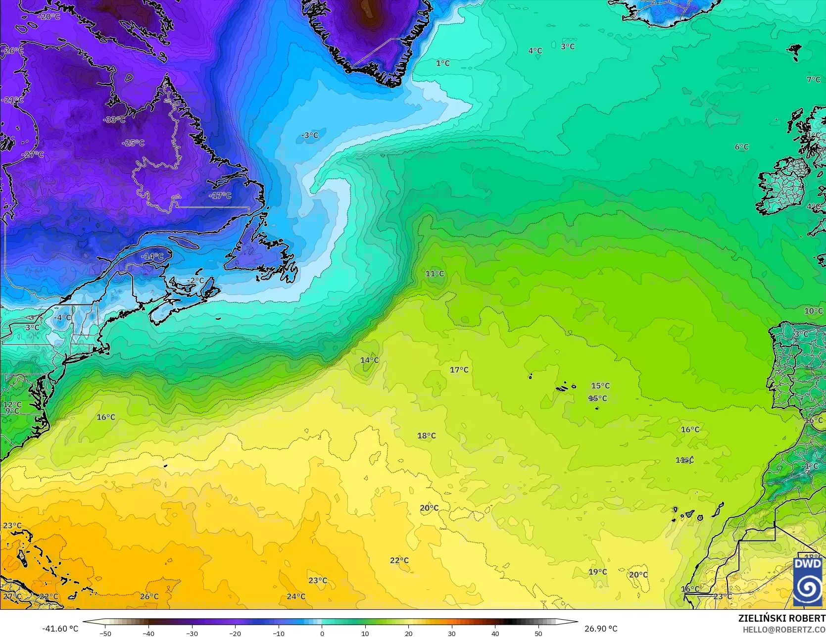 ICON model - Kuzey Atlantik, 2 m Sıcaklık