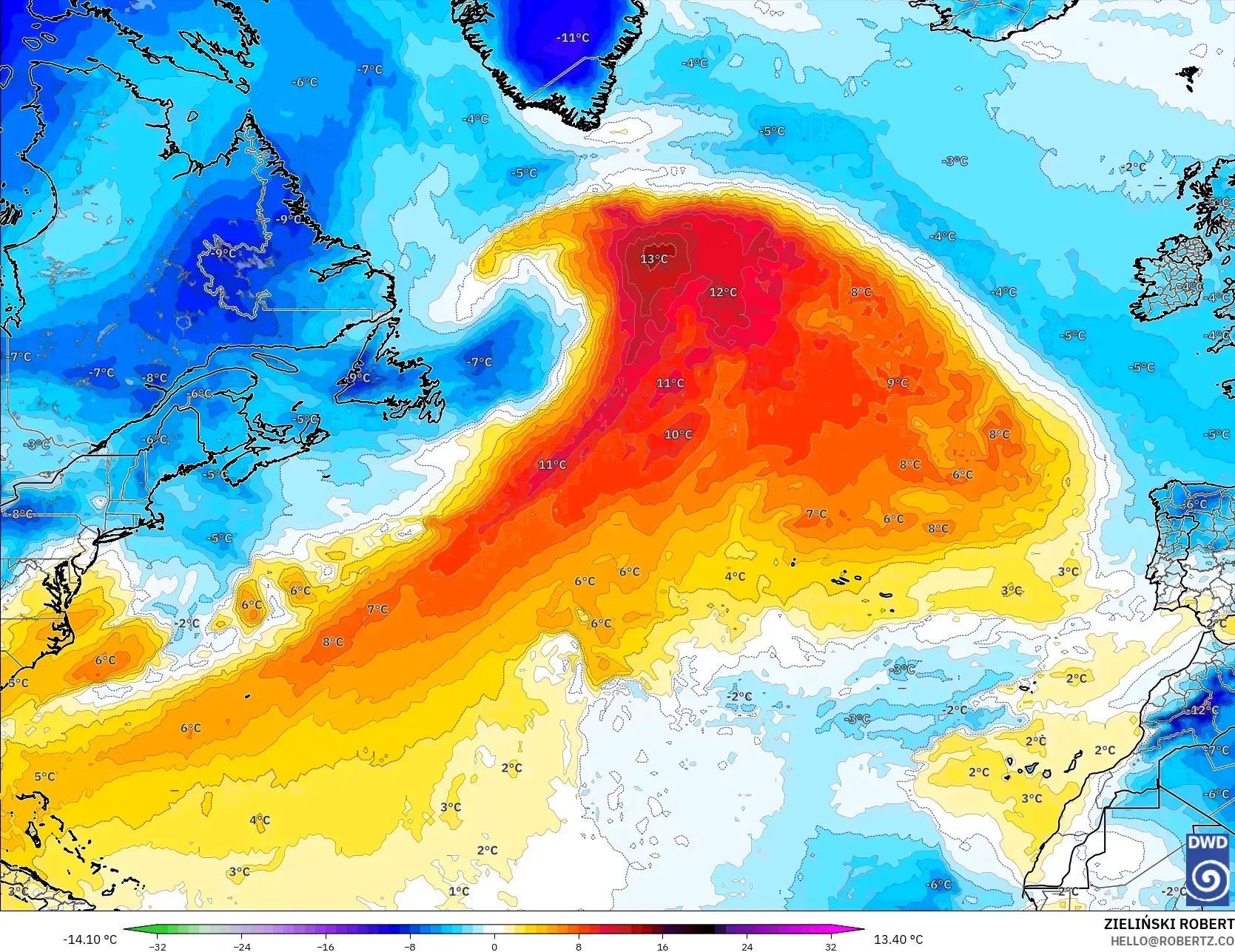 ICON model - Kuzey Atlantik, 850 hPa Sıcaklık Anomalisi