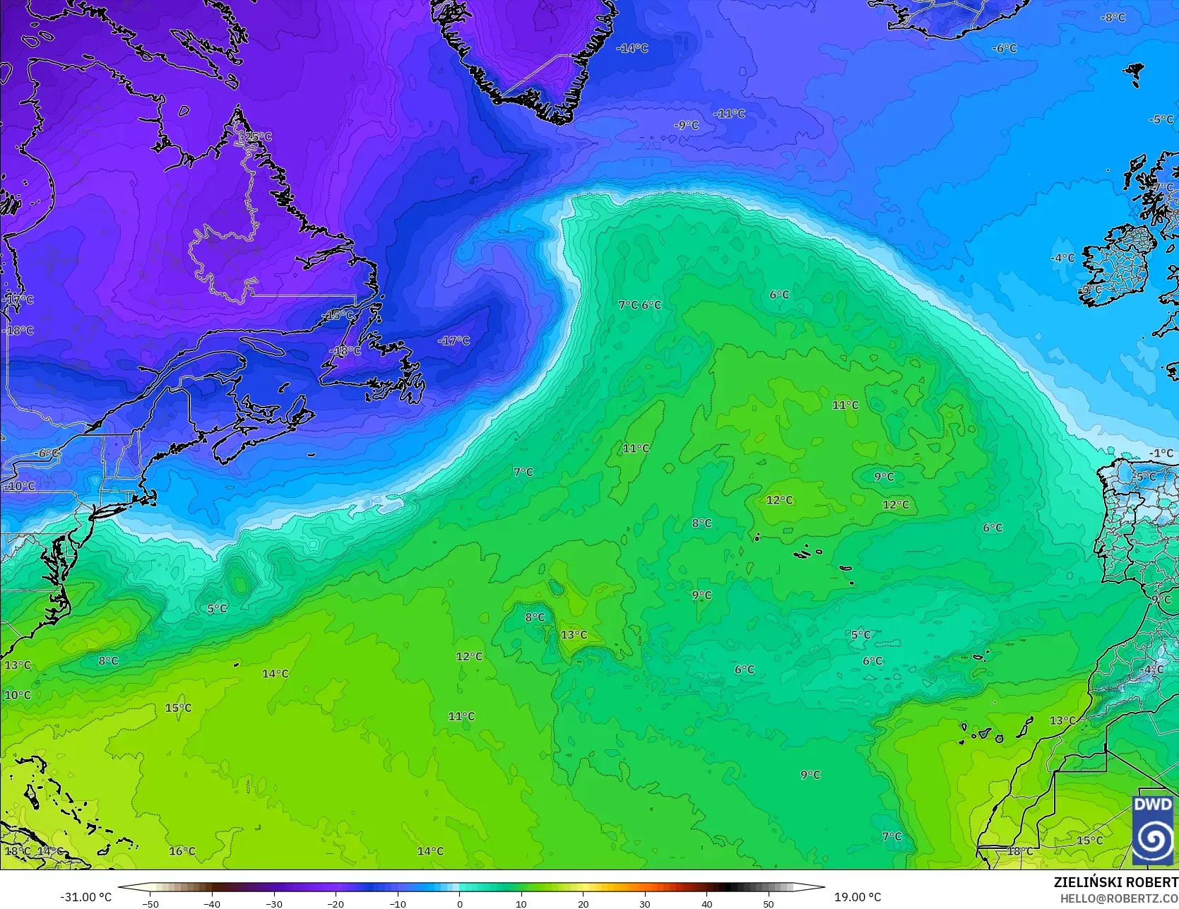 ICON model - Kuzey Atlantik, 850 hPa Sıcaklık