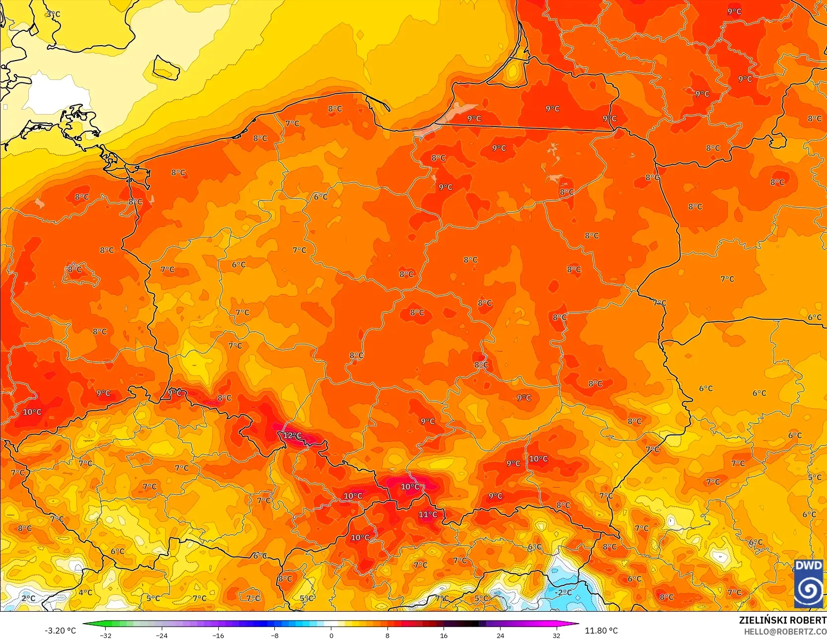 ICON model - Polonya, 2 m Sıcaklık Anomalisi