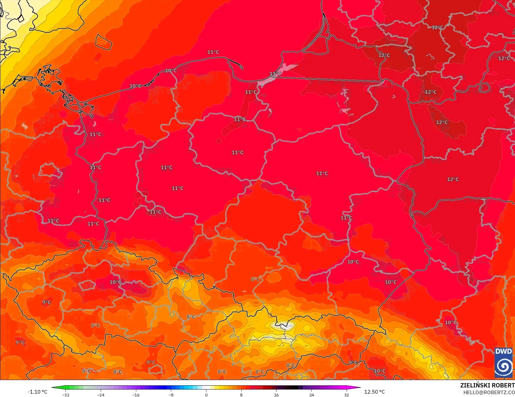 ICON model - Polonya, 850 hPa Sıcaklık Anomalisi