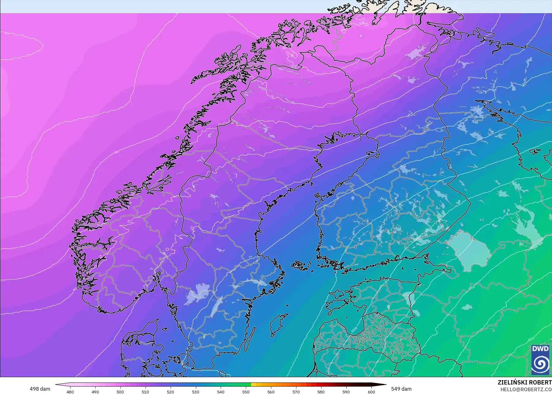 ICON model - İskandinavya, 500 hPa’da jeopotansiyel yükseklik