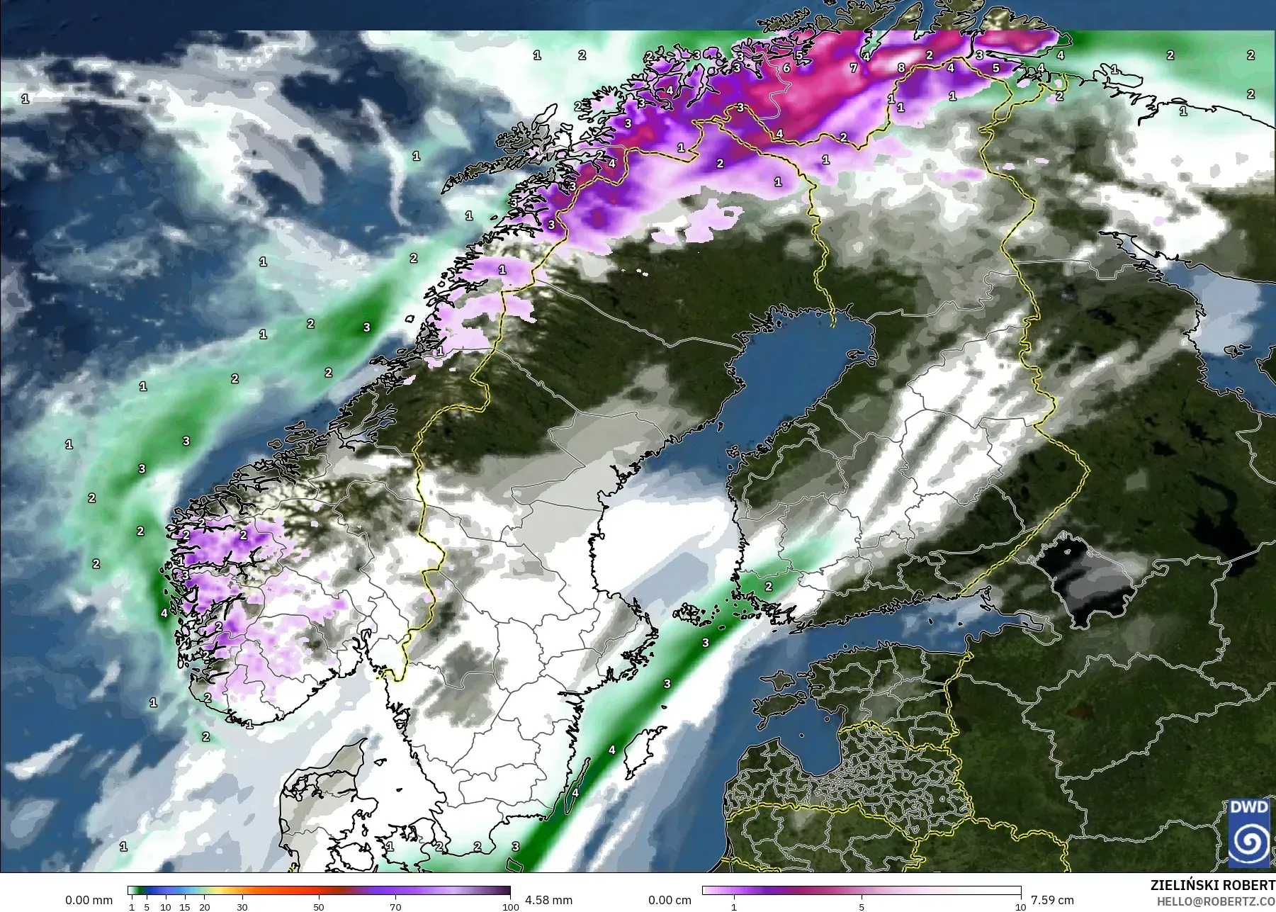 ICON model - İskandinavya, Yağış, Bulut ve Basınç
