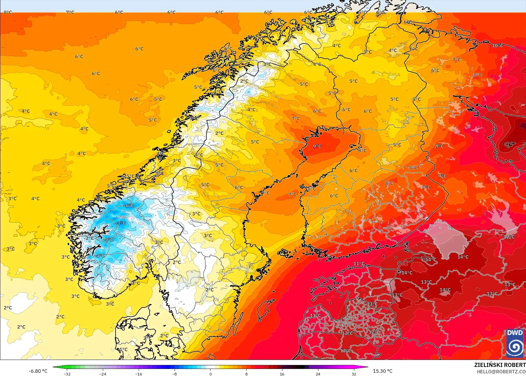 ICON model - İskandinavya, 850 hPa Sıcaklık Anomalisi