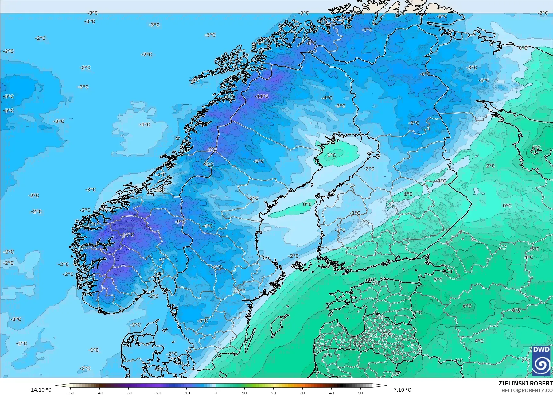 ICON model - İskandinavya, 850 hPa Sıcaklık