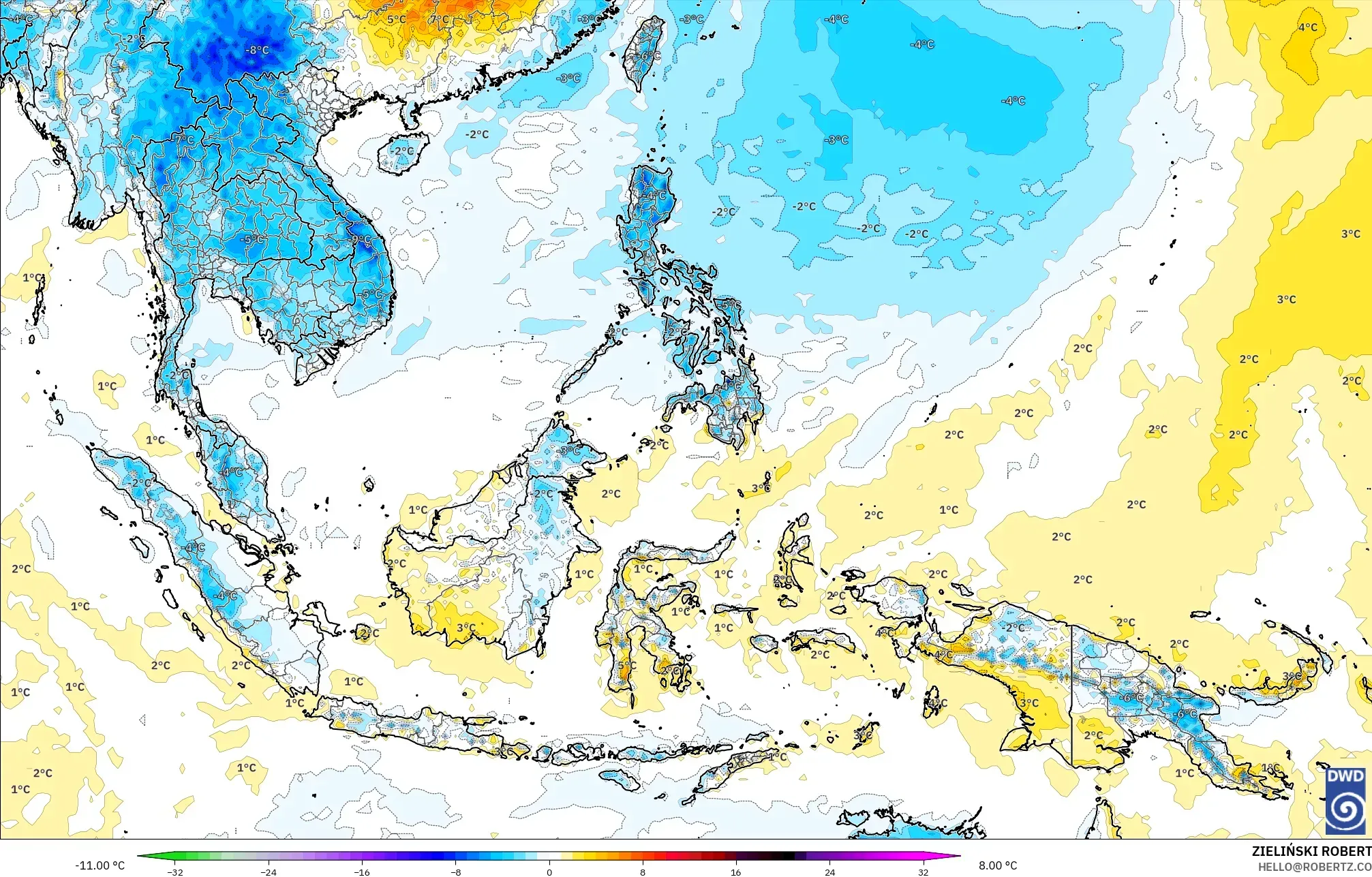 ICON model - Güneydoğu Asya, 2 m Sıcaklık Anomalisi