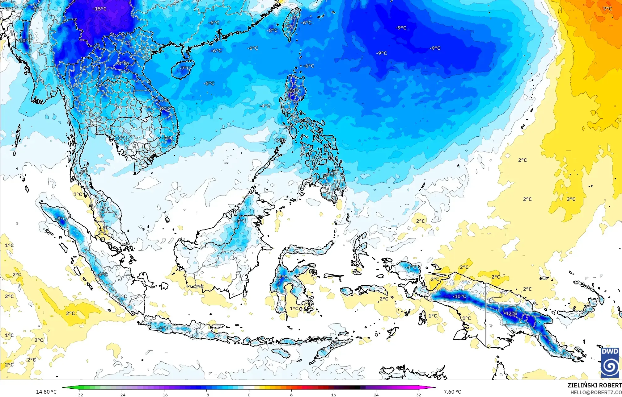ICON model - Güneydoğu Asya, 850 hPa Sıcaklık Anomalisi