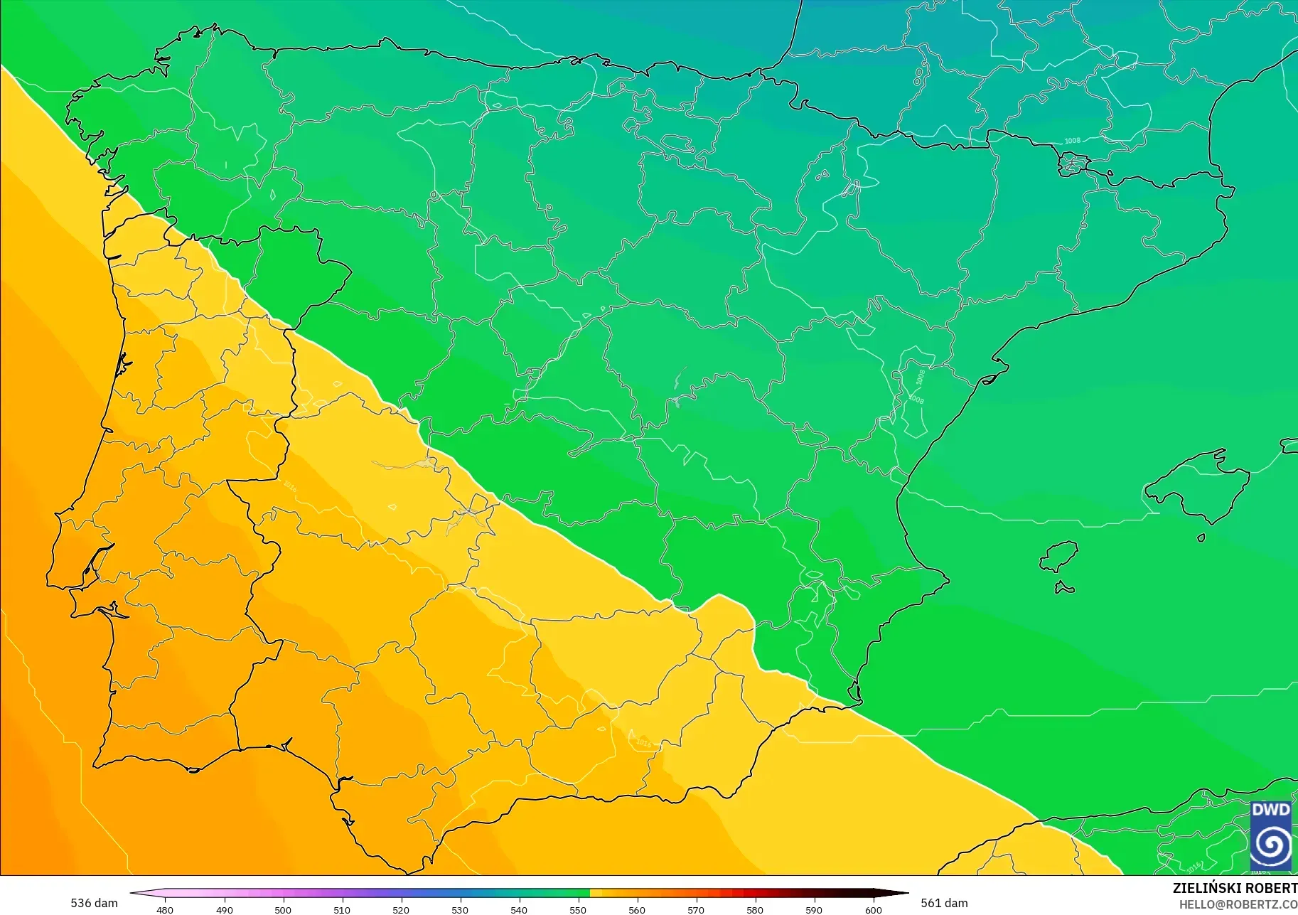 ICON model - İspanya, 500 hPa’da jeopotansiyel yükseklik