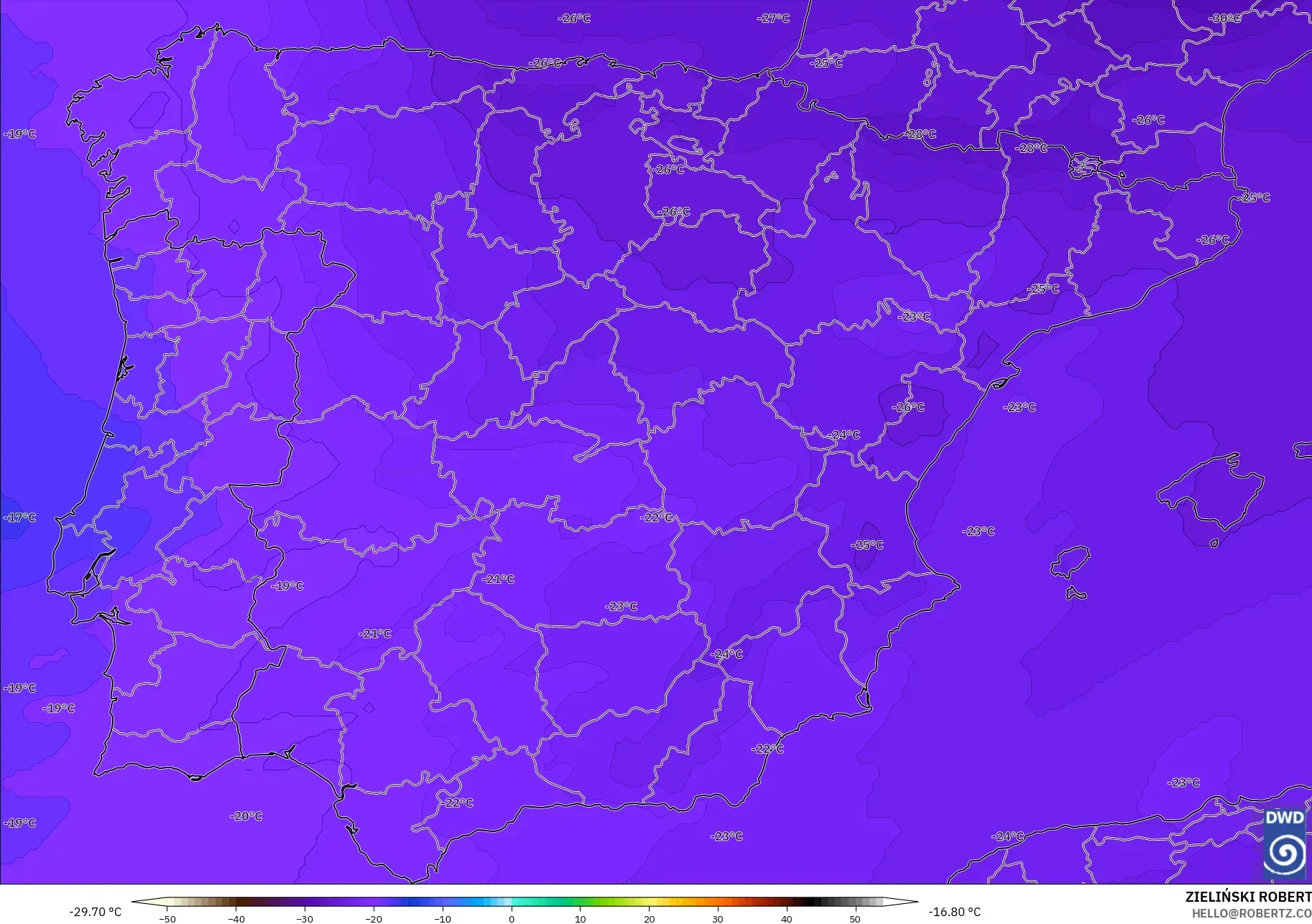 ICON model - İspanya, 500 hPa Sıcaklık