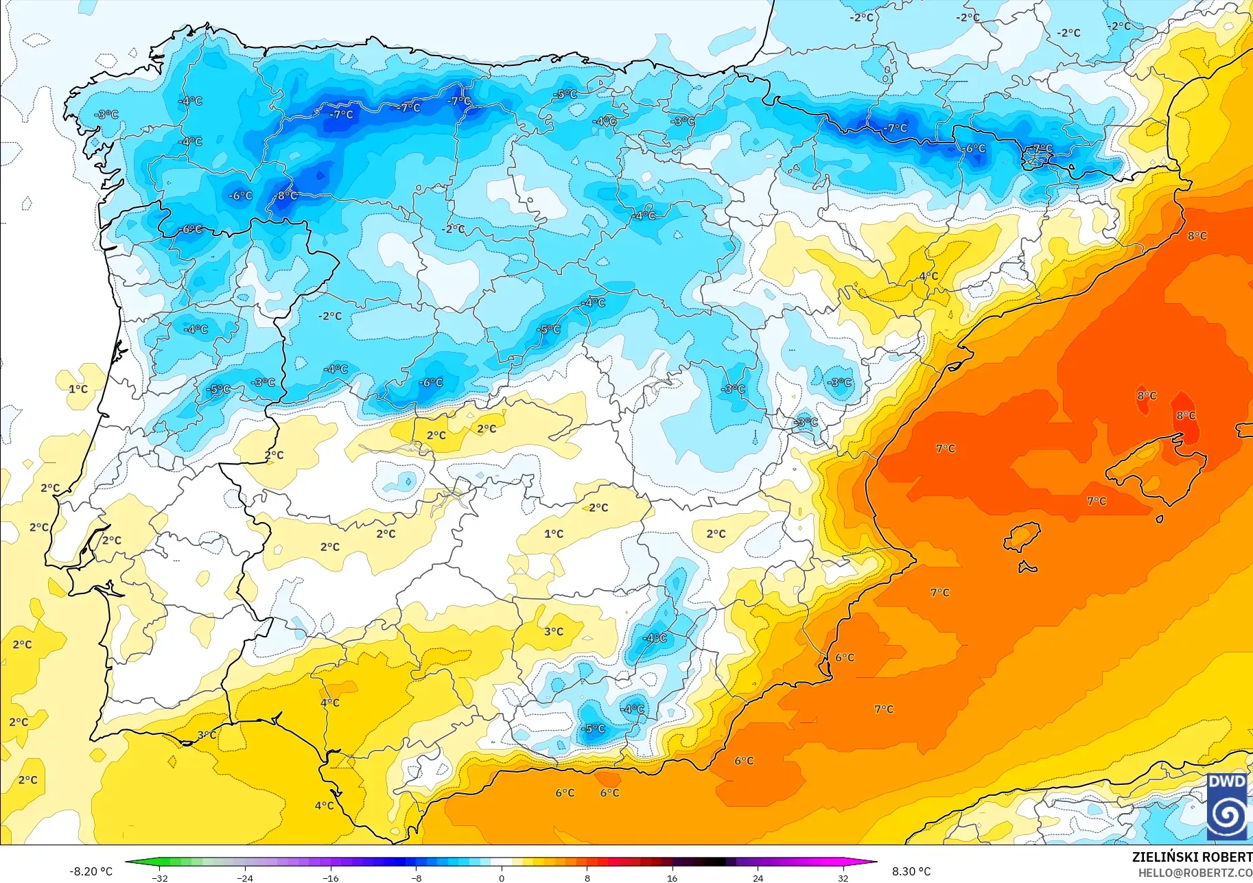 ICON model - İspanya, 850 hPa Sıcaklık Anomalisi