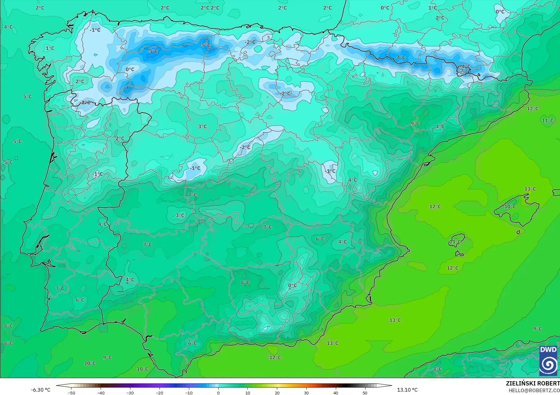 ICON model - İspanya, 850 hPa Sıcaklık