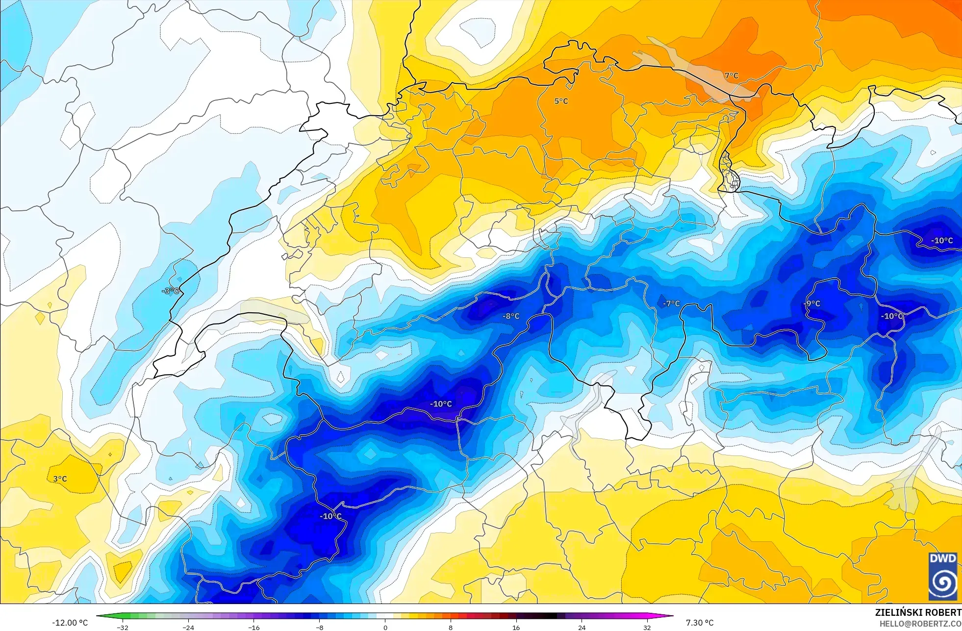 ICON model - İsviçre, 850 hPa Sıcaklık Anomalisi