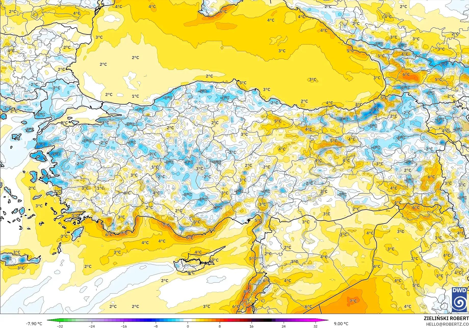 ICON model - Türkiye, 2 m Sıcaklık Anomalisi