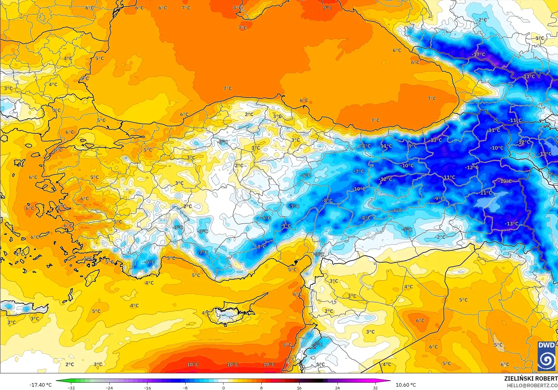 ICON model - Türkiye, 850 hPa Sıcaklık Anomalisi