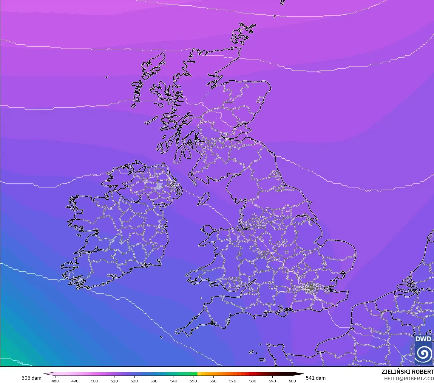 ICON model - Birleşik Krallık, 500 hPa’da jeopotansiyel yükseklik