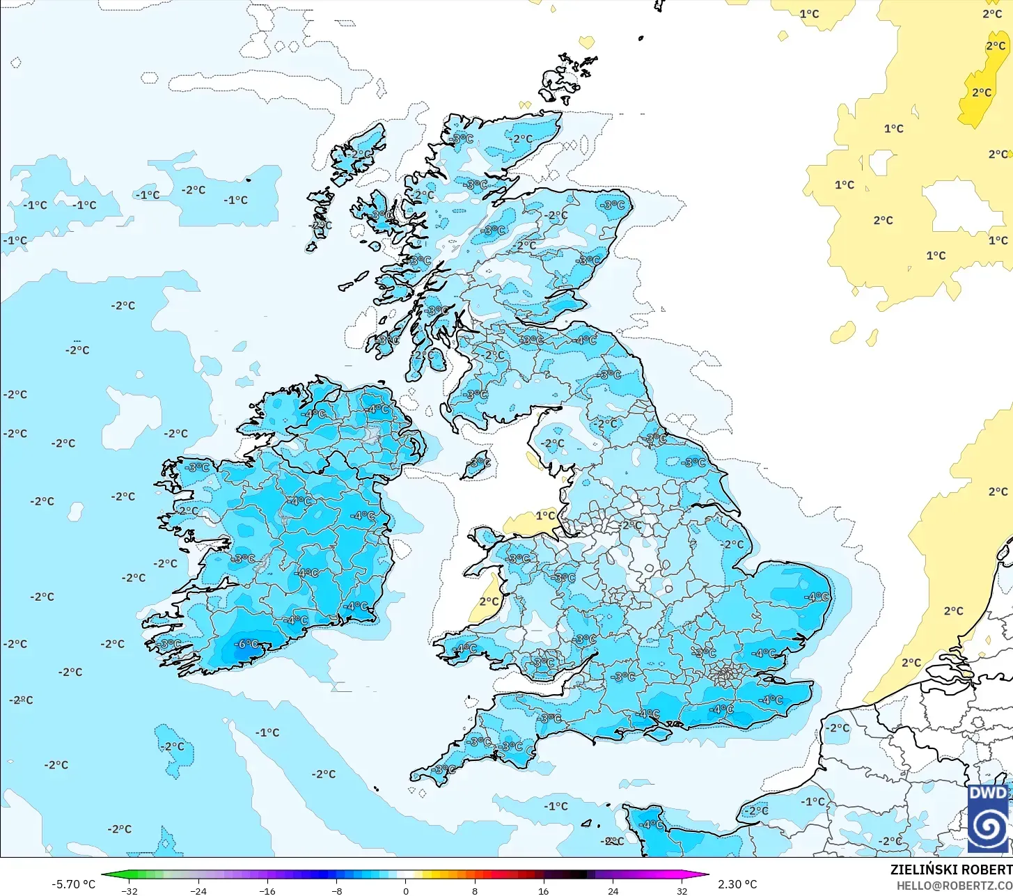 ICON model - Birleşik Krallık, 2 m Sıcaklık Anomalisi