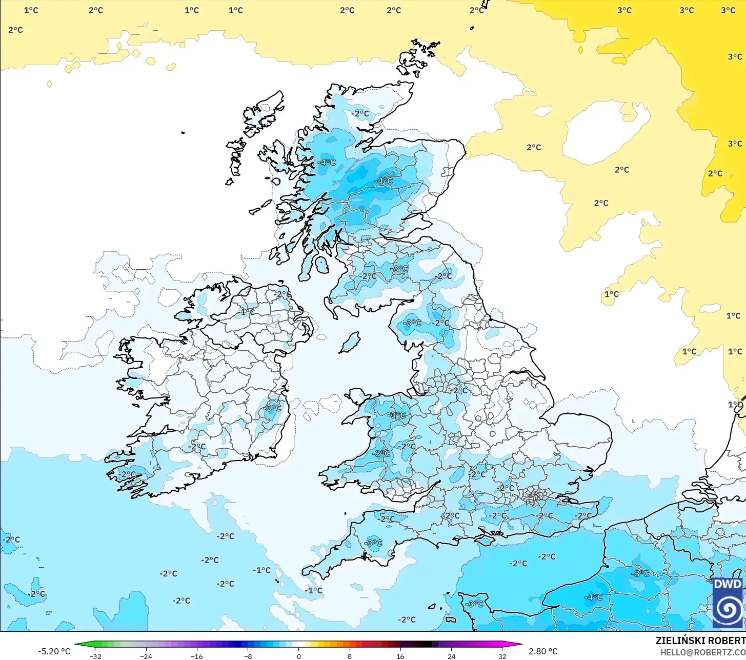 ICON model - Birleşik Krallık, 850 hPa Sıcaklık Anomalisi