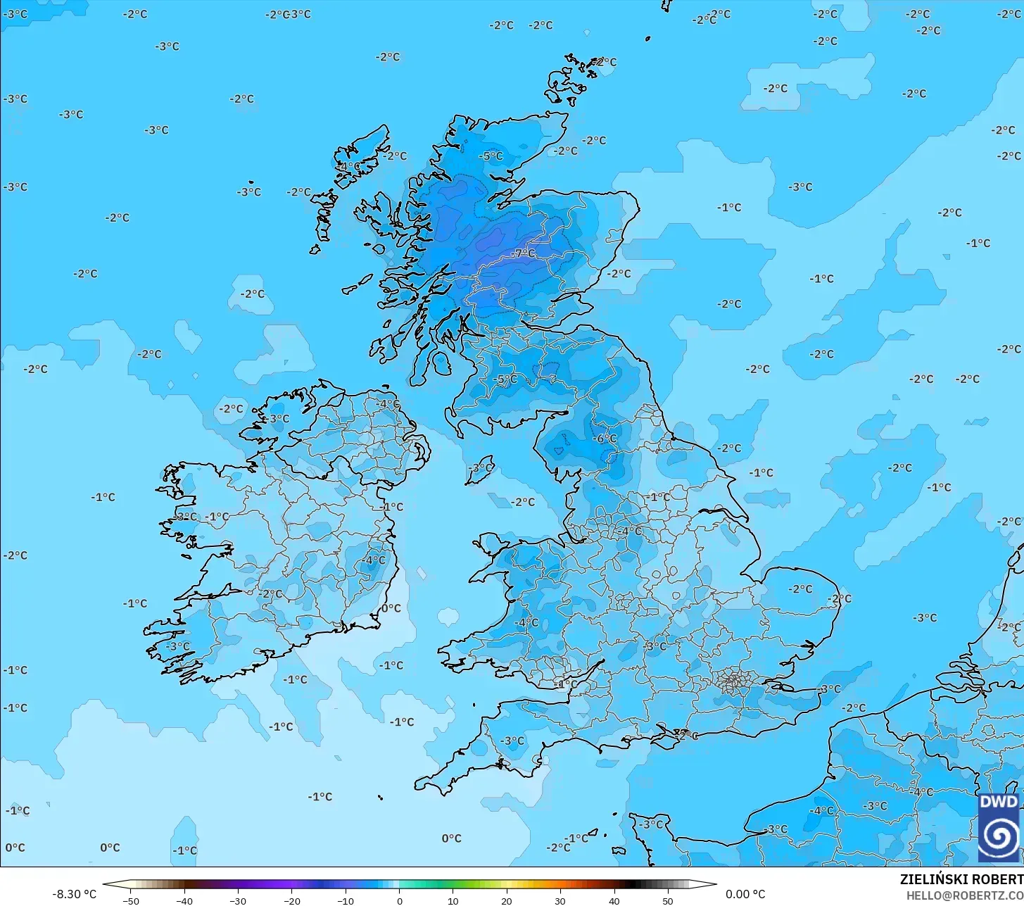 ICON model - Birleşik Krallık, 850 hPa Sıcaklık