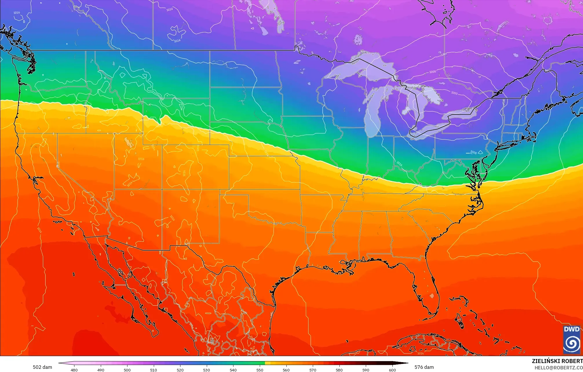 ICON model - Amerika Birleşik Devletleri, 500 hPa’da jeopotansiyel yükseklik