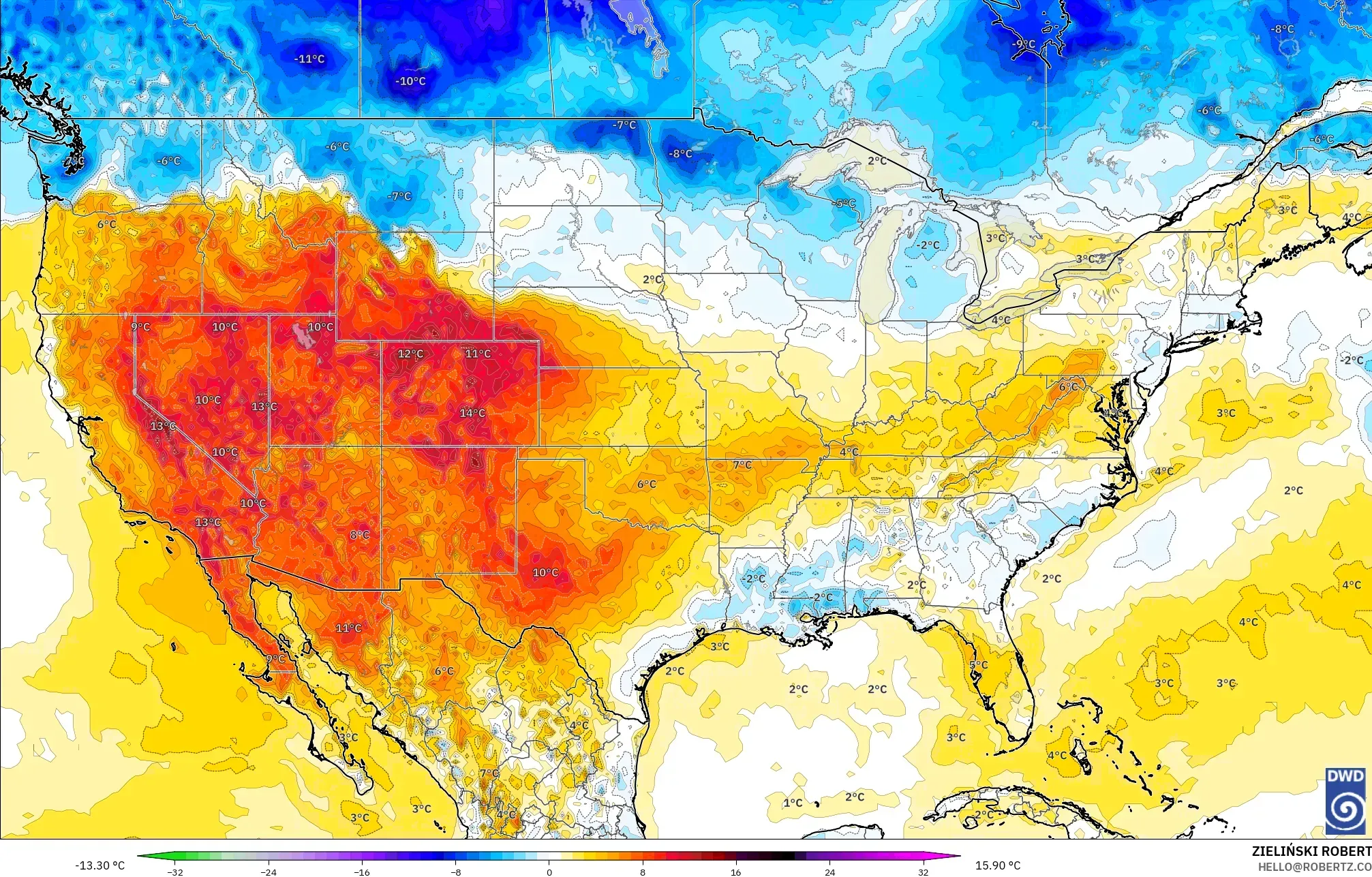 ICON model - Amerika Birleşik Devletleri, 2 m Sıcaklık Anomalisi