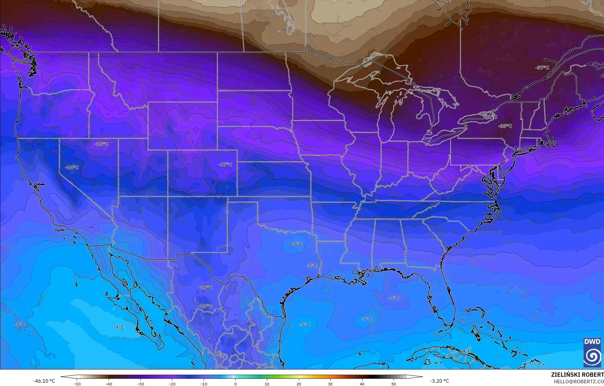 ICON model - Amerika Birleşik Devletleri, 500 hPa Sıcaklık