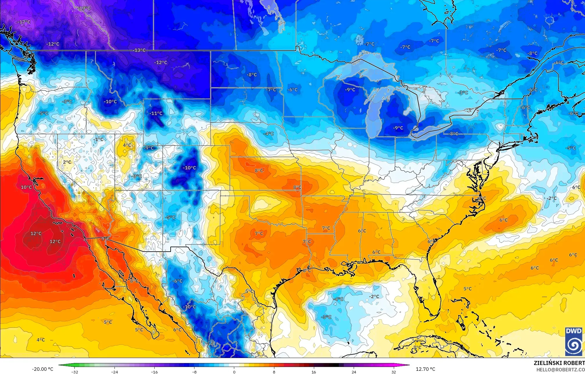 ICON model - Amerika Birleşik Devletleri, 850 hPa Sıcaklık Anomalisi
