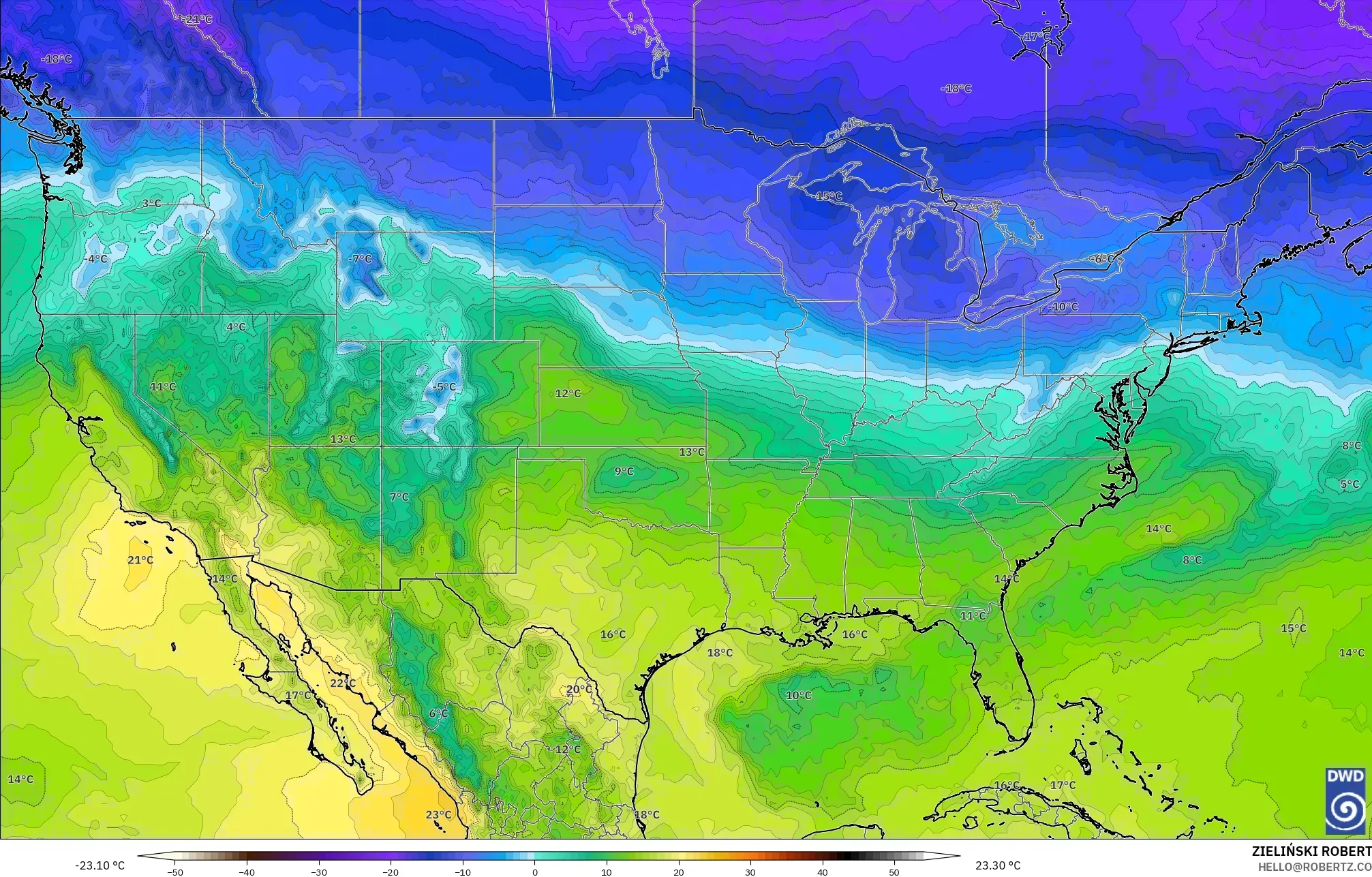 ICON model - Amerika Birleşik Devletleri, 850 hPa Sıcaklık
